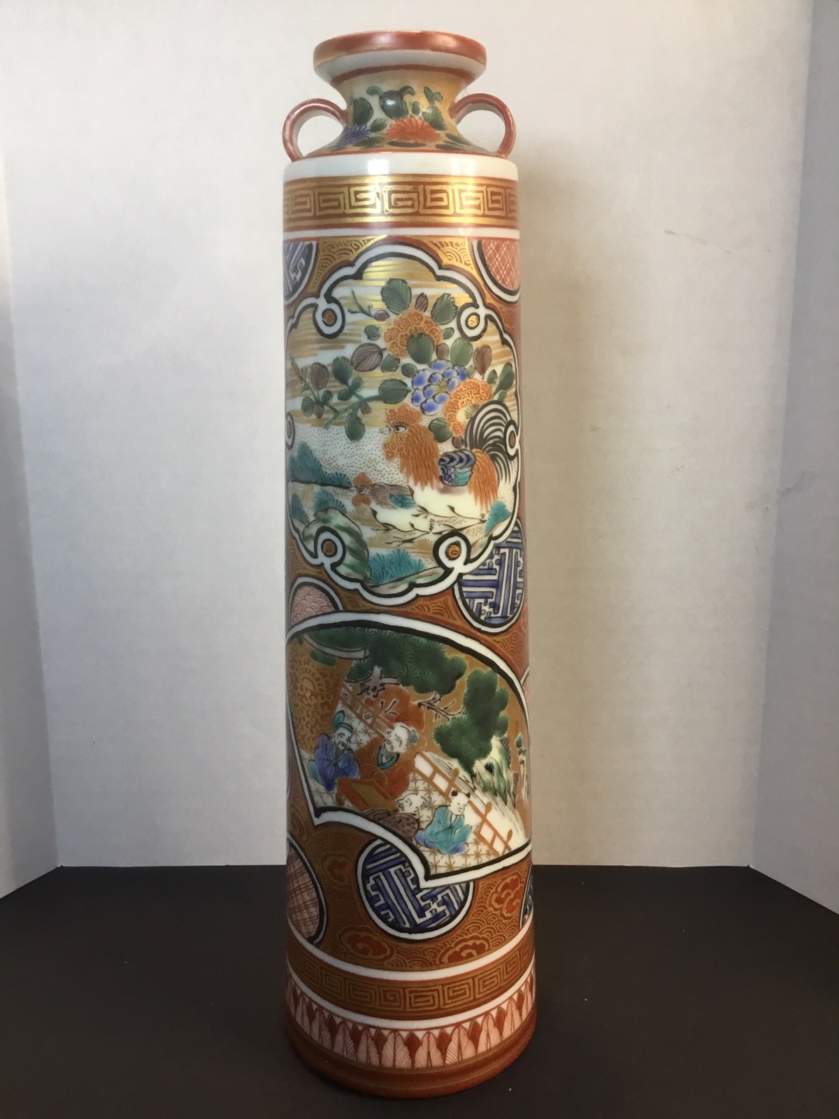 Antique Vintage Kutani Shoza Japanese Vase Bottle Handles Rooster