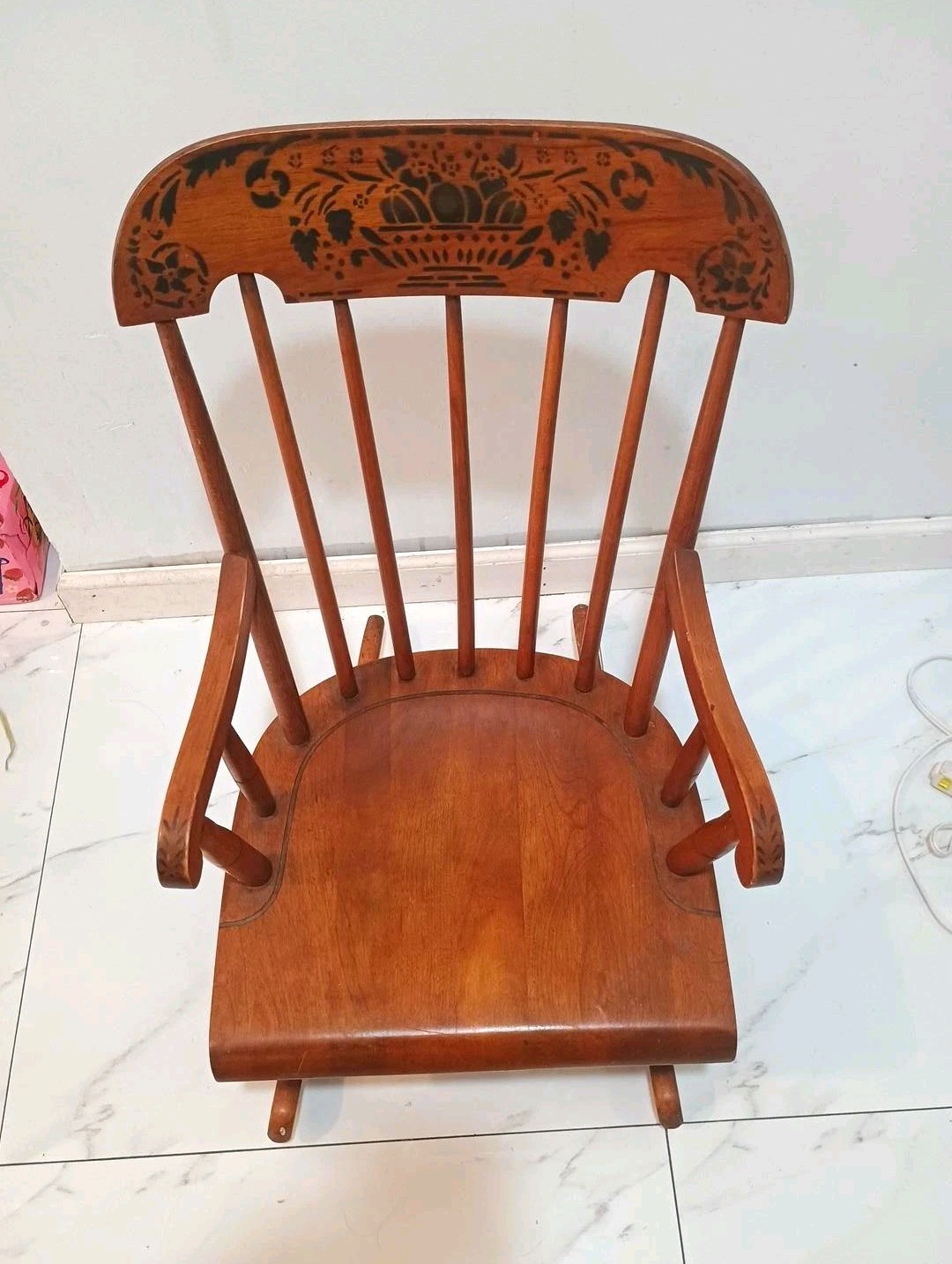 Nichols & Stone Vintage Windsor Wood Arm Chair Hand Painted Floral Folk Art