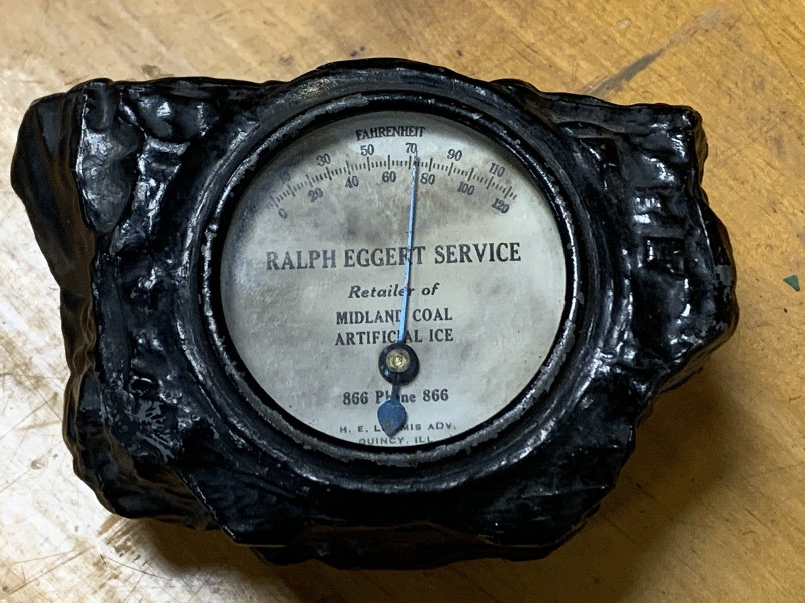 VINTAGE QUINCY ILL. RALPH EGGERT MIDLAND COAL & ARTIFICIAL ICE THEROMETER (SH)