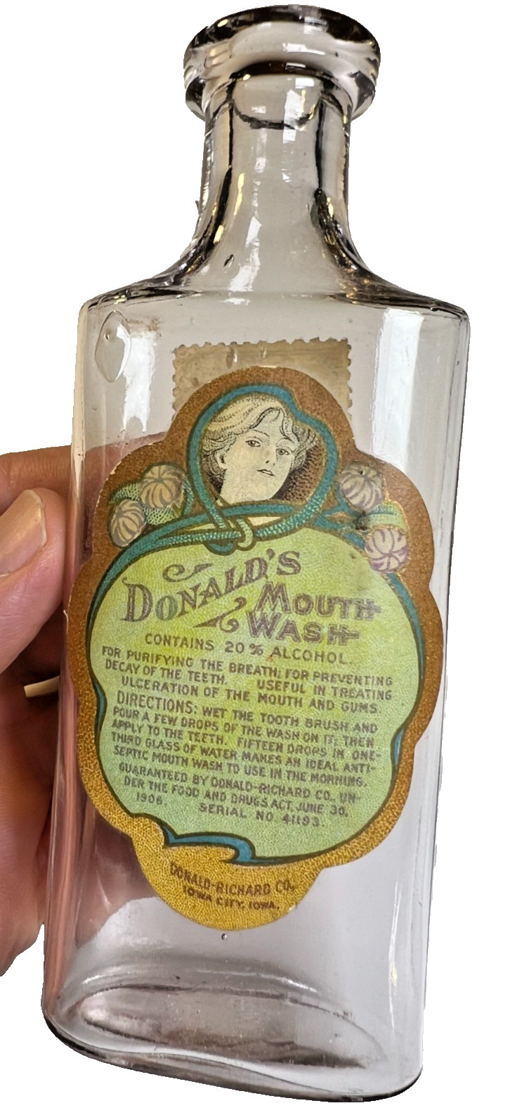 Antique Donald's Mouth Wash Bottle Label Labeled Tax Stamps Iowa City c1906-1912