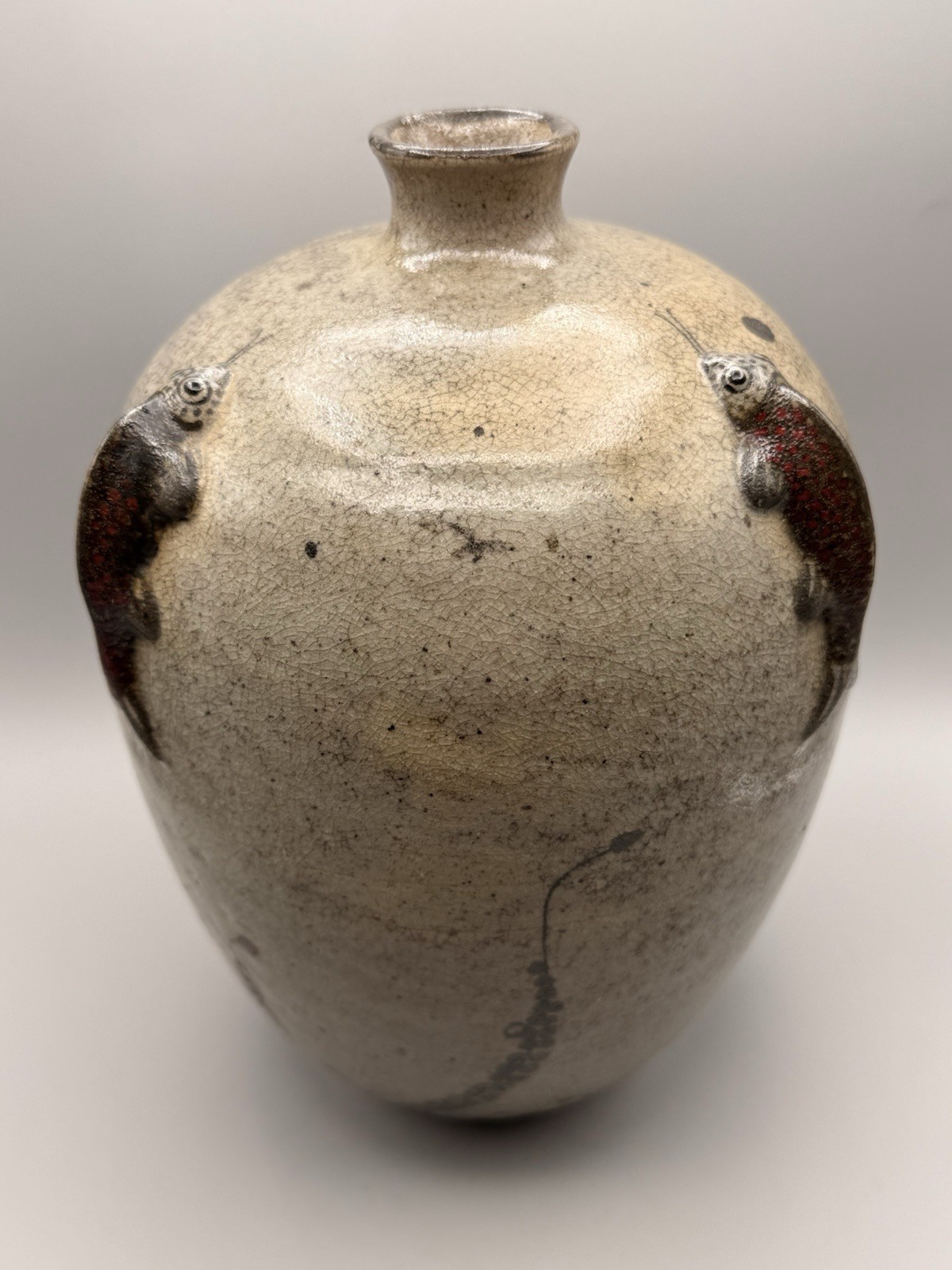 Jorge Wilmot Tonala Mexico Stoneware Vase Applied Fish Signed W Art Pottery