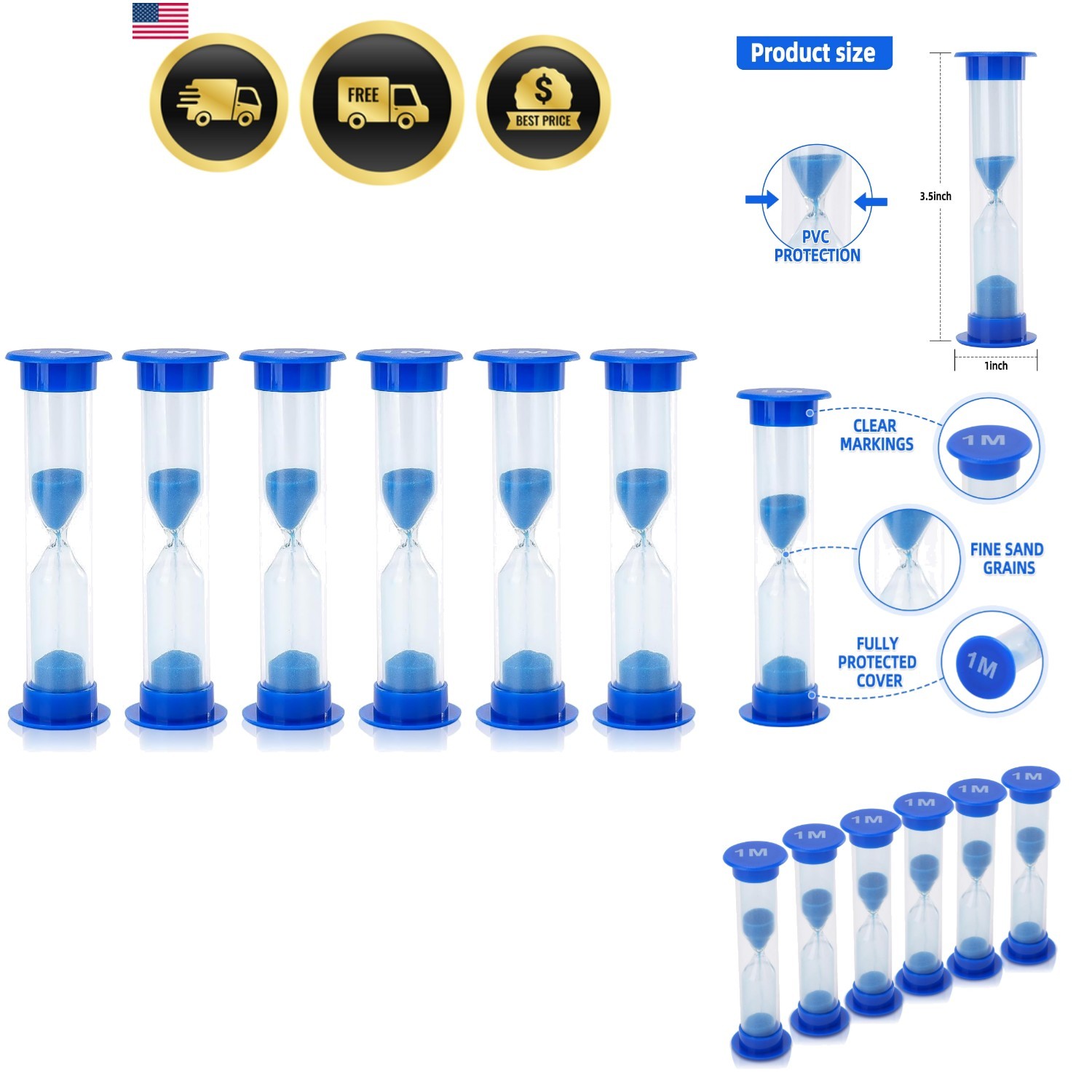 6 Pcs Plastic 1 Minute Sand Timer Sandglass Hourglass Sand Clock, Blue