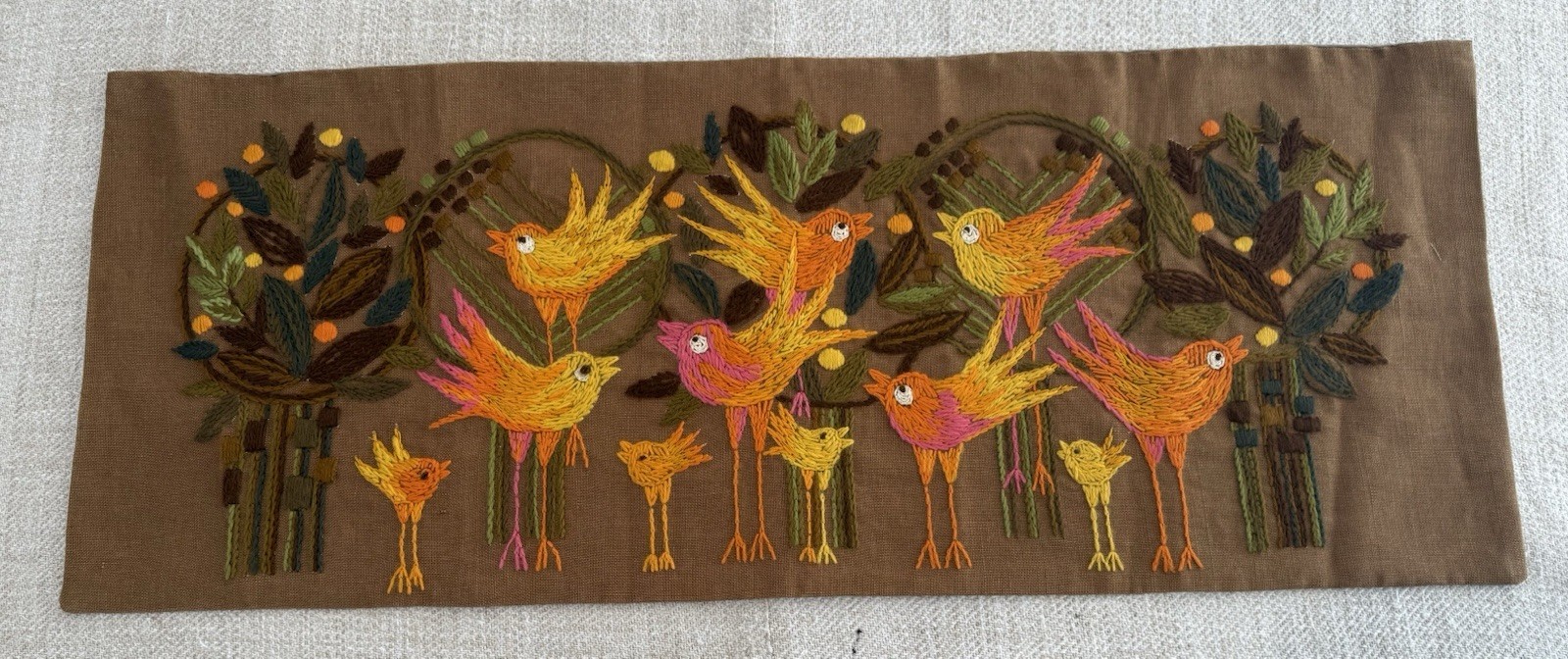 Finished Hand Embroidered Swedish Nordiskas Birds Mid Century Wall Hanging 