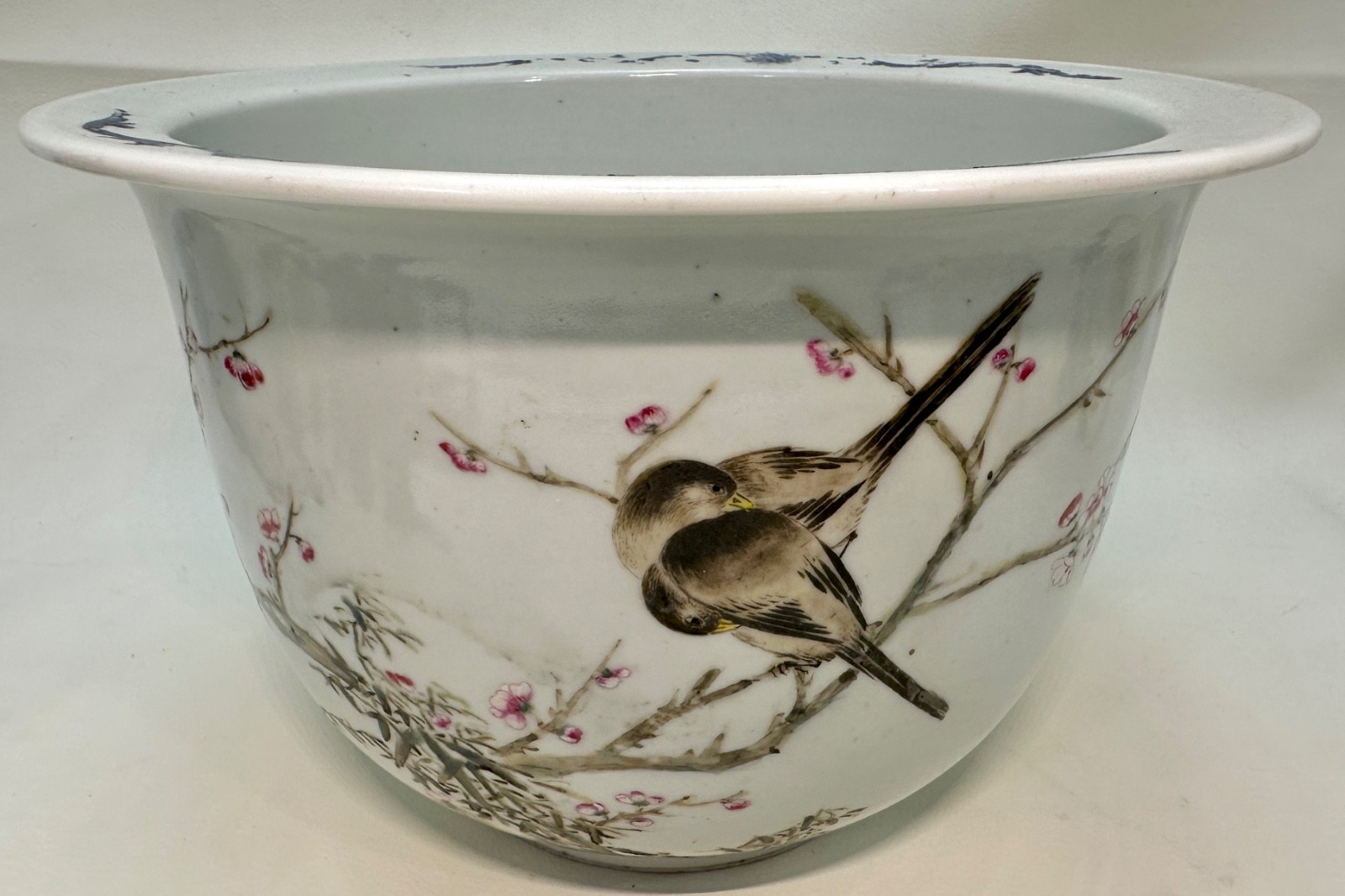Antique Qing Chinese Porcelain Planter Jardiniere Rose Famille Magpie Plum Tree