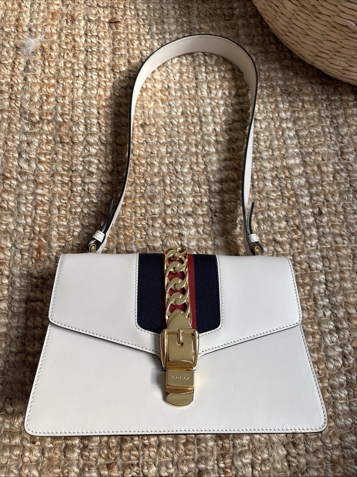 Gucci Sylvie Medium Leather Shoulder Bag White Gold Hardware