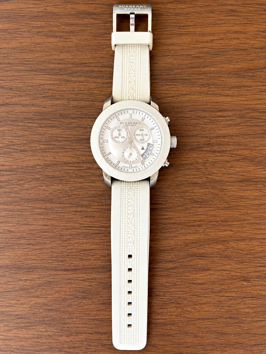 Burberry Sport Quartz Chronograph Date White Dial Silver Case White Rubber
