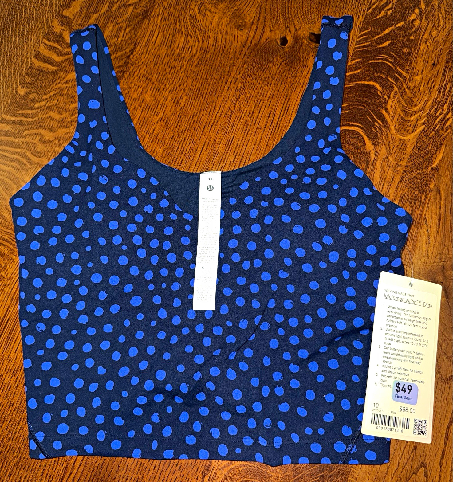 lululemon Energy Bra Sports Bra B/C 10 Blue Black Polka Dot Wireless Crossback