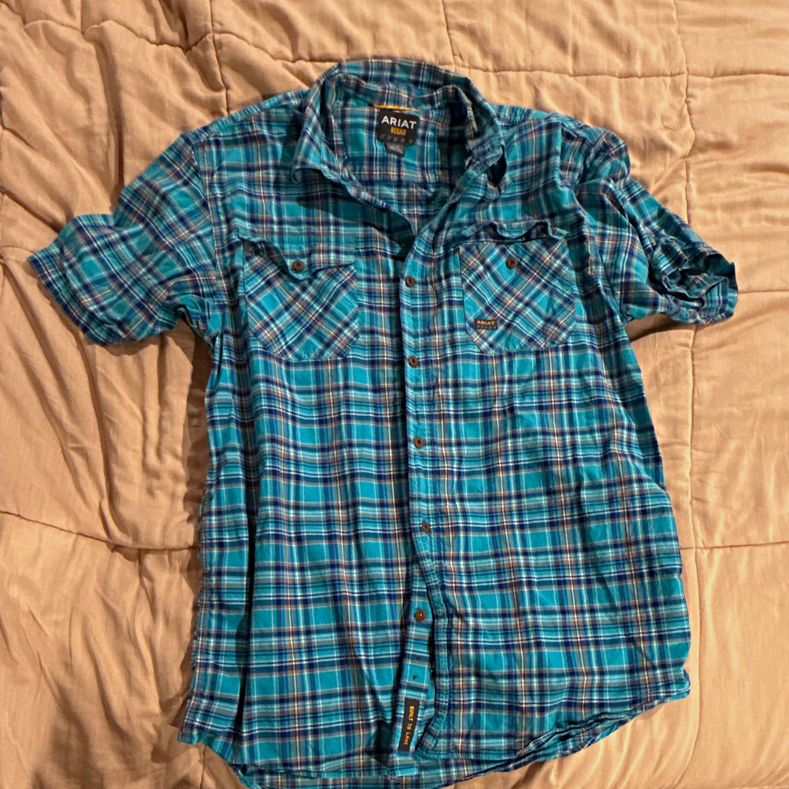Ariat Rebar Men\'s L Blue Plaid Short Sleeve Button-Up Shirt Point Collar Pockets