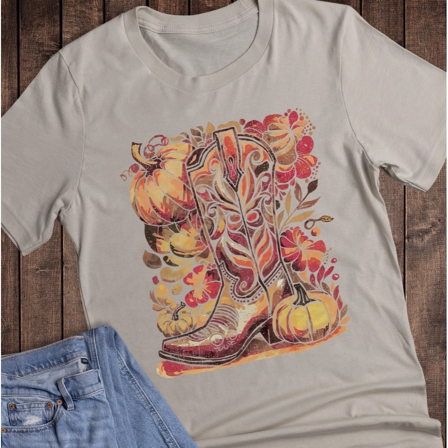 Women\'s Boutique Fall Cowboy Pumpkin Tee - MEDIUM