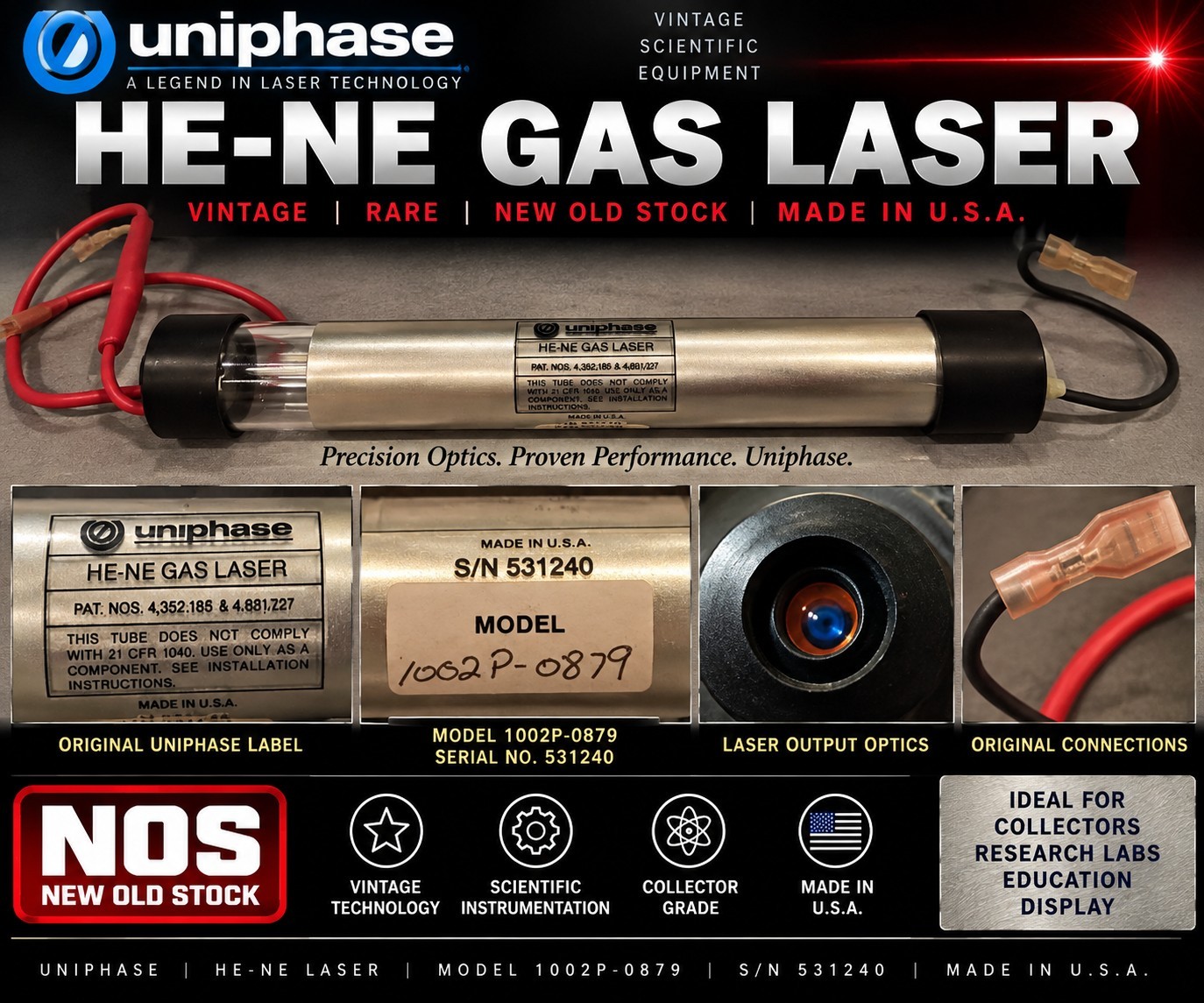 NOS Uniphase 1002P-0879 He-Ne Helium Neon Gas Laser Tube Vintage USA
