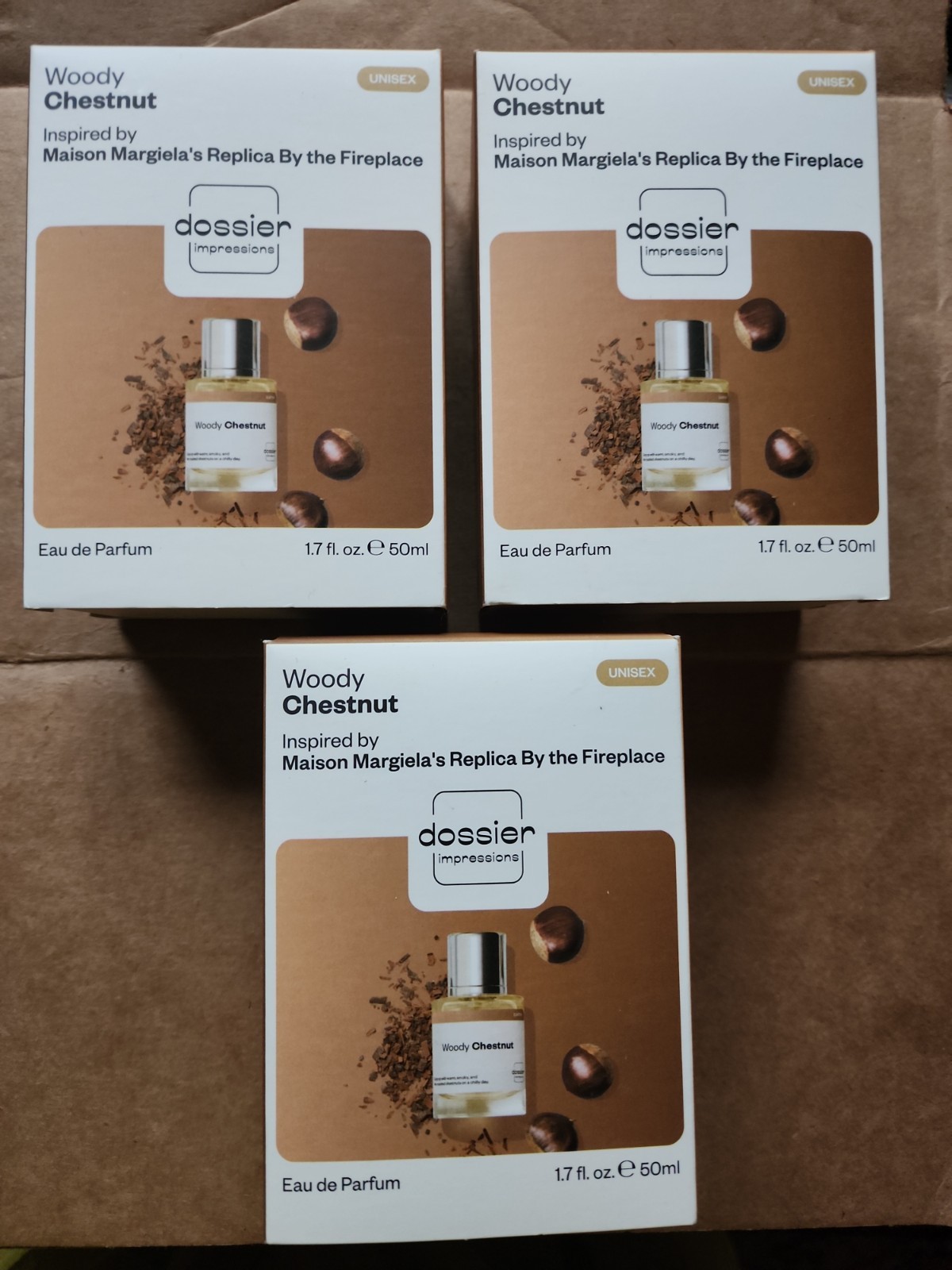 3pk Dossier WOODY CHESTNUT unisex EDP Maison Margiela's Replica ByThe Fireplace
