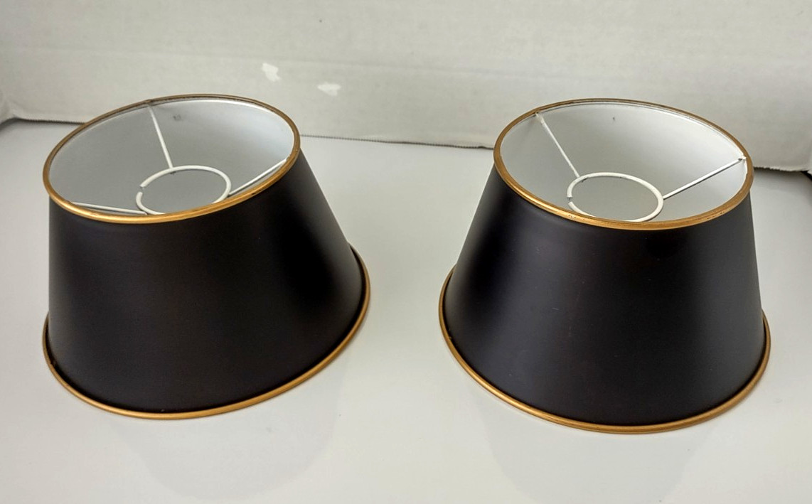 Pair Vintage Underwriter\'s Lab Metal Drum Shade Black Gold Trim Small Chimney Pair Vintage Underwriter\'s Lab Metal Drum Shade Black Gold Trim Small Chimney
