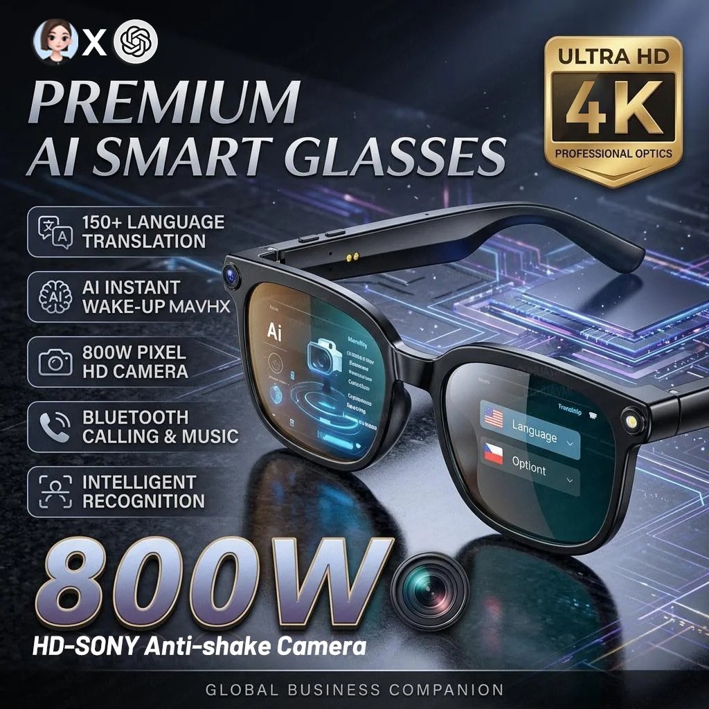 4K 8MP Smart Glasses HD Camera 150+ Language Translation ChatGPT WiFi Bluetooth