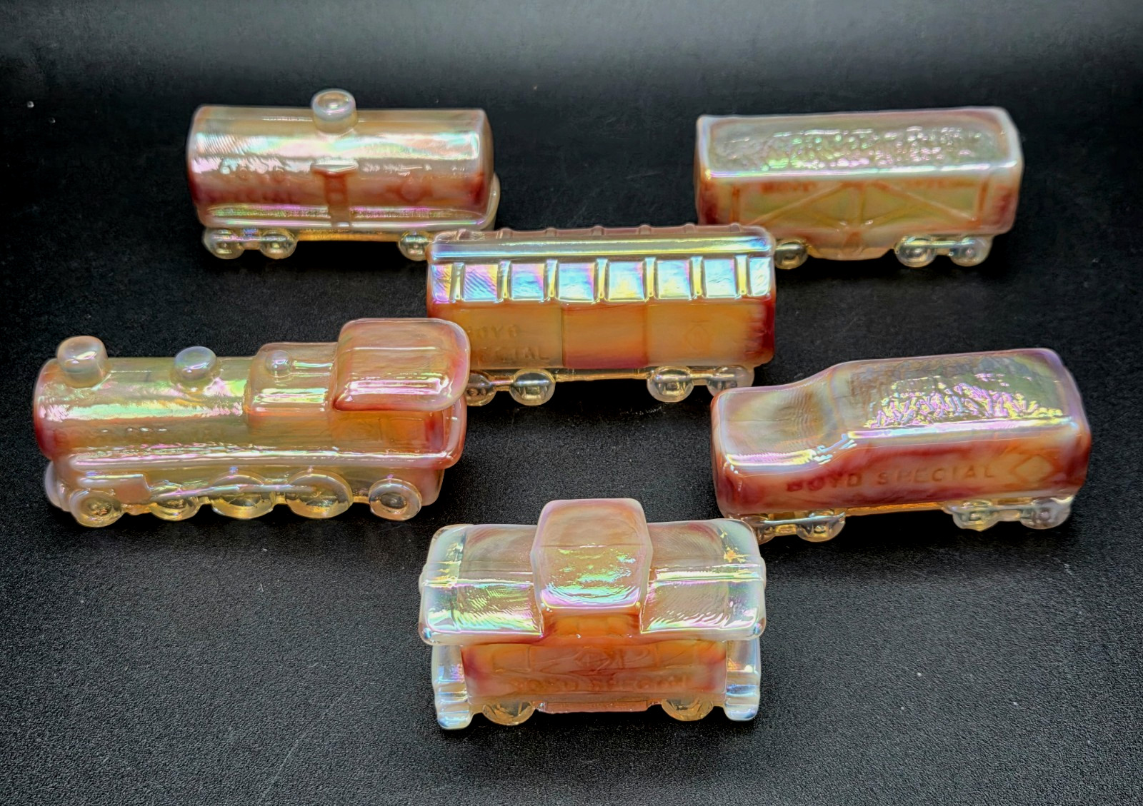 Vtg. Boyd Glass Peach Iridescent Carnival Glass Train 6pc set Boyd Special
