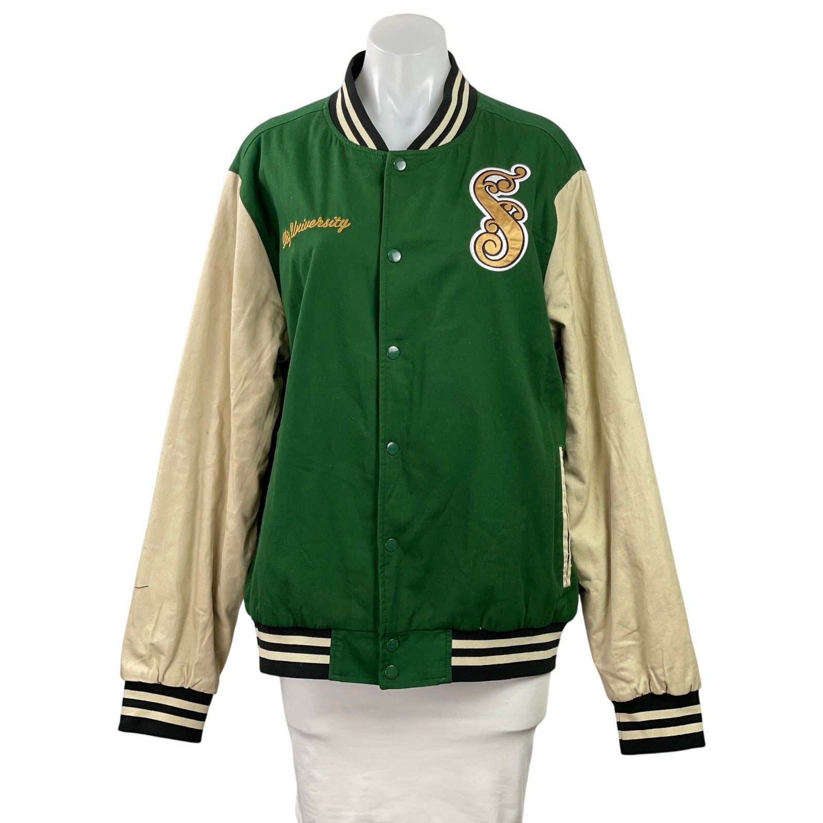 NEW Wicked Shiz University Women\'s Green Embroidered Varsity Coat Jacket Size L