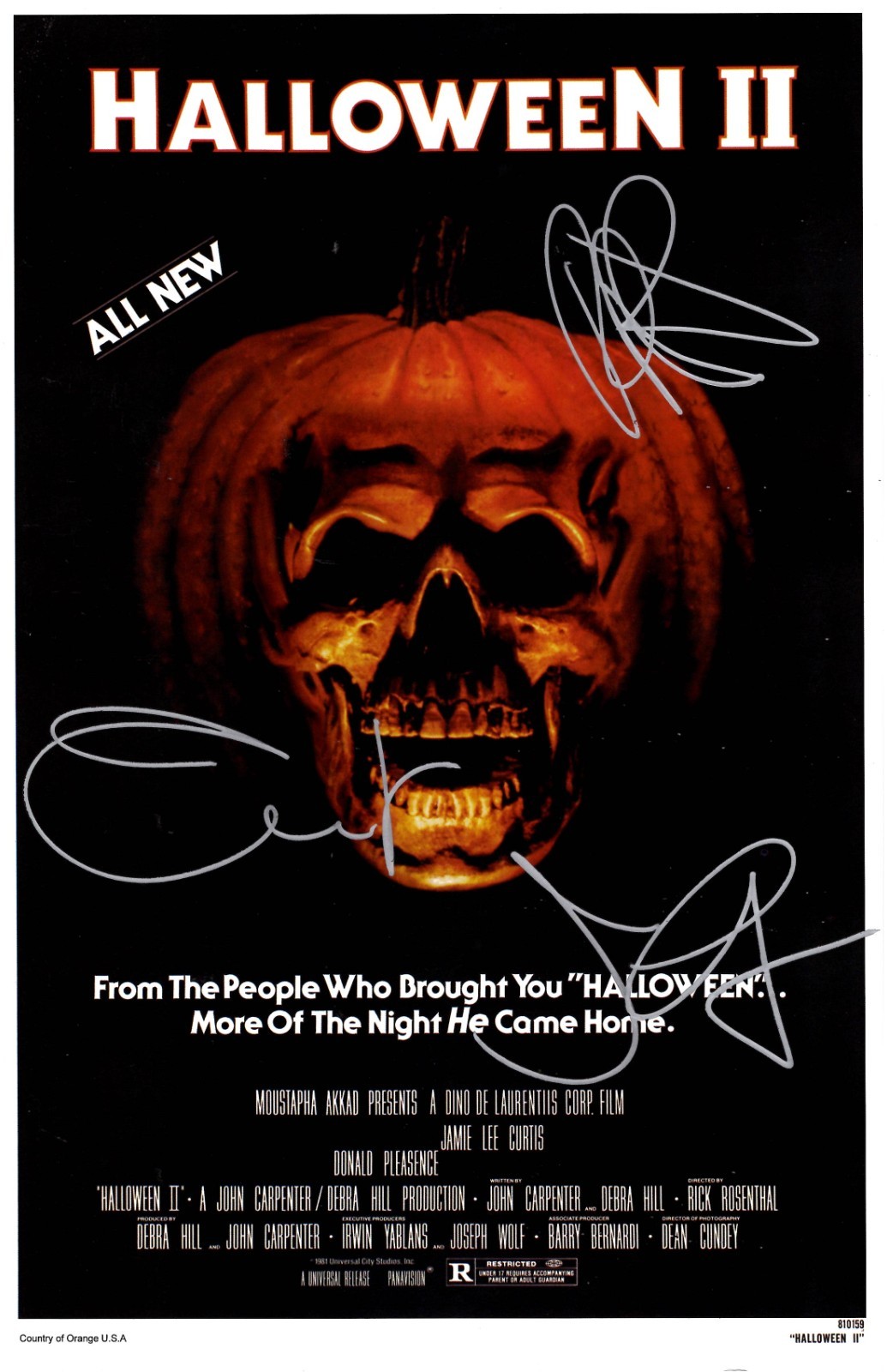 HALLOWEEN II Signed Poster 11x17 Jamie Lee Curtis, John Carpenter, and Rick Rose