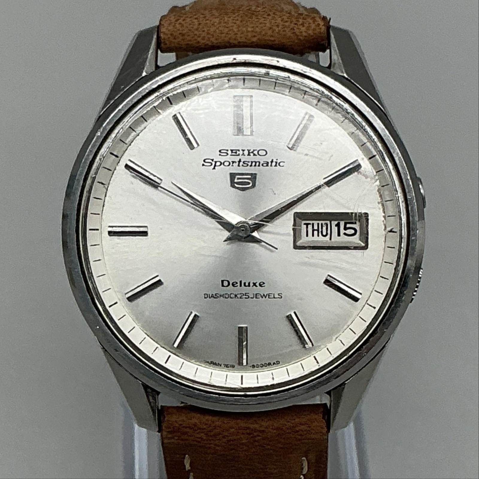 Vintage Seiko Sportsmatic 5 Deluxe Mens Watch 37mm Silver Tone Leather Automatic