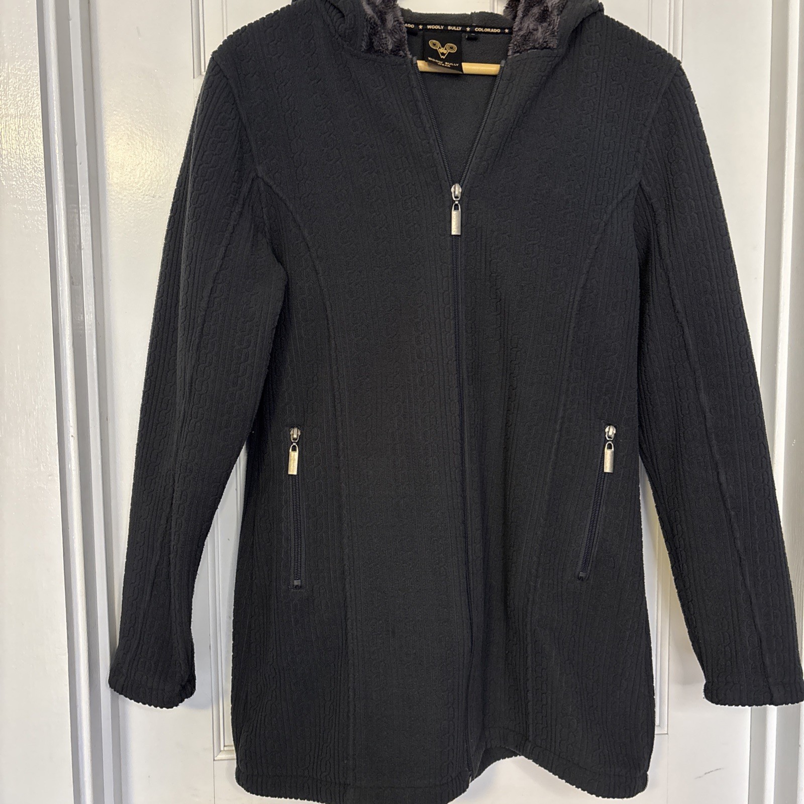 Wooly Bully Wear Colorado Womens M Grey Cable Knit Full Zip Fleece Hoodie Jacket