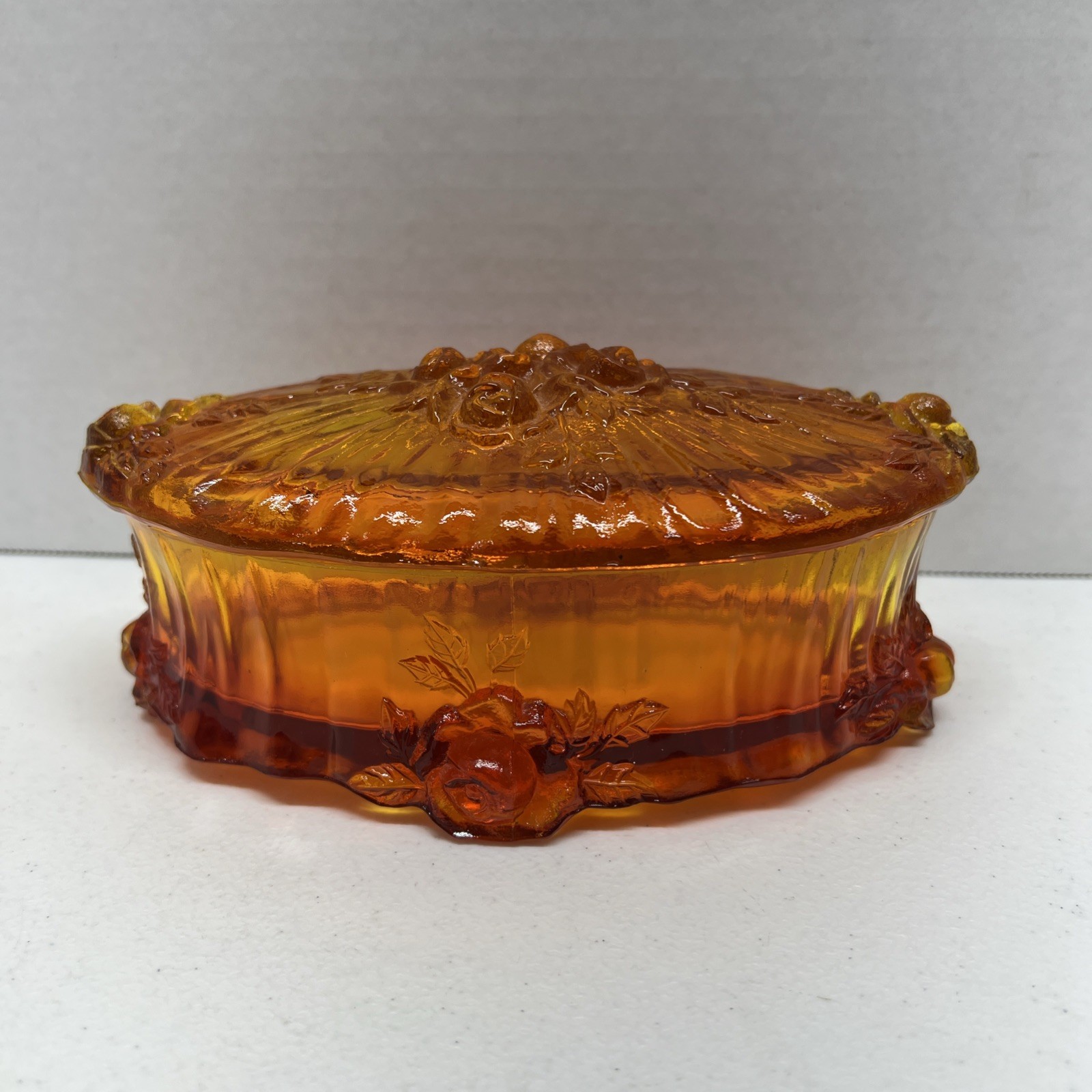 Fenton Amberina Oval Trinket Box With Cover in the Cabbage Rose Pattern 6.5”