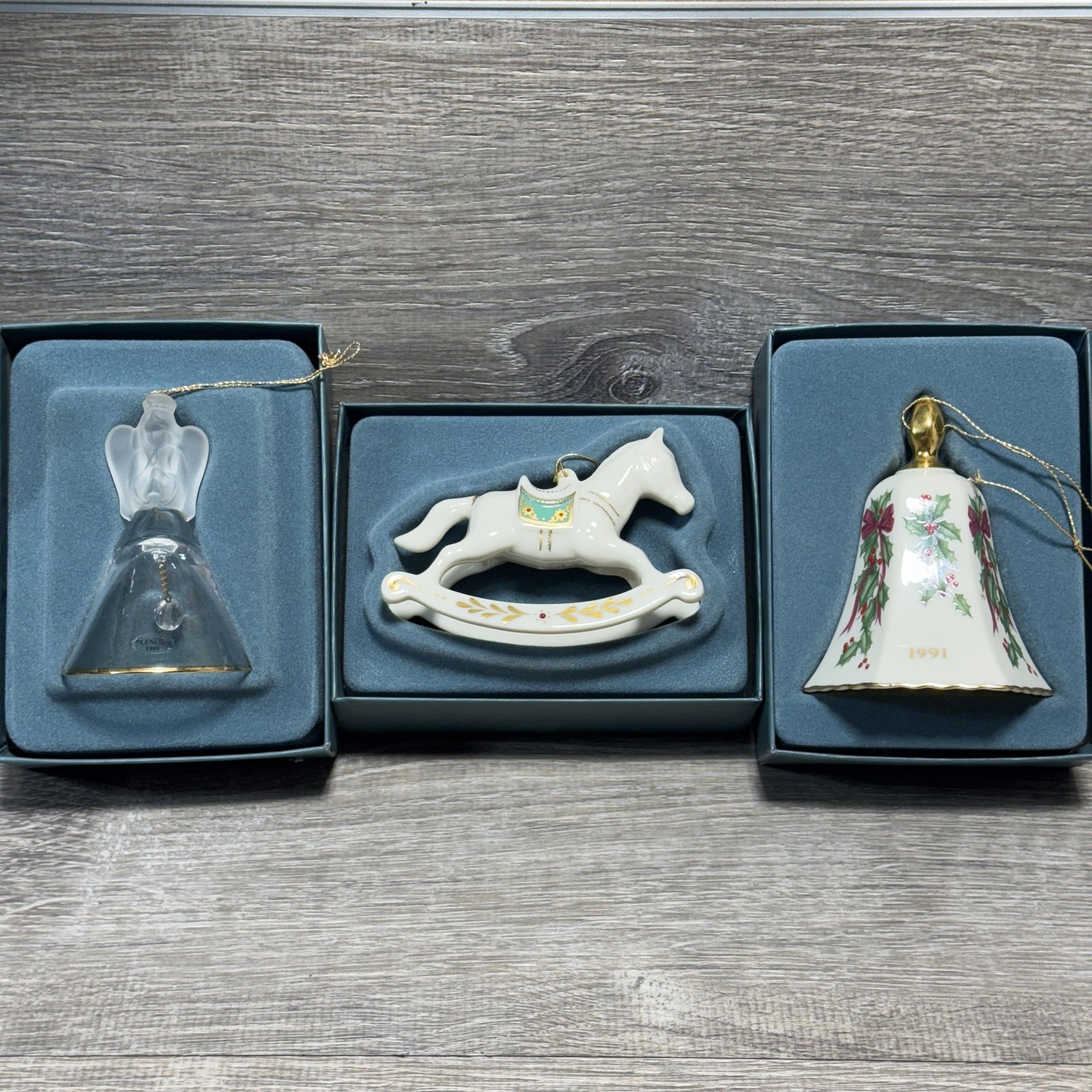Vintage Lenox Christmas Ornaments Lot Bell 1991 Rocking Horse 1990 Angel 1989
