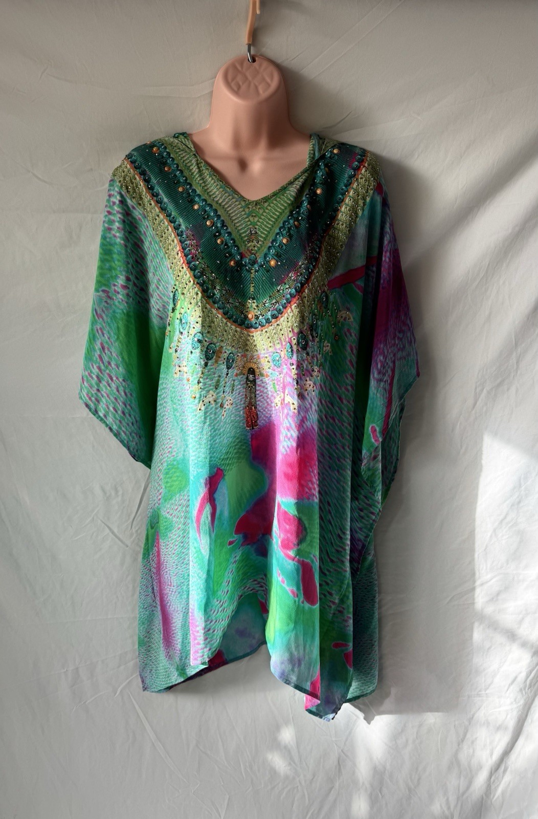 Camilla Kaftan O/S stunning Green with Hoodie gold embellishment