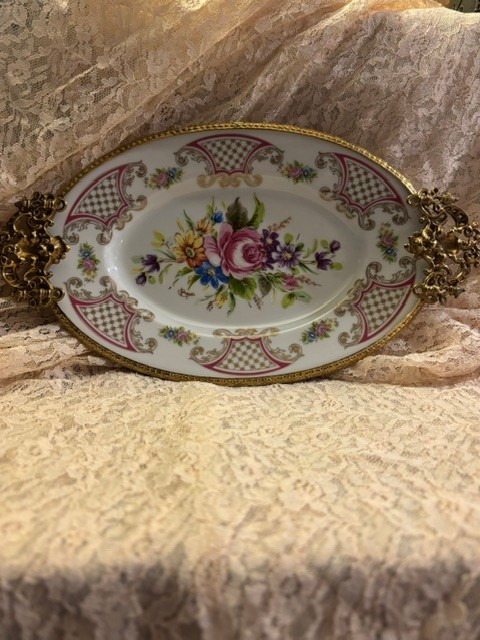 Vintage French Limoges Porcelain Ormolu Serving Tray