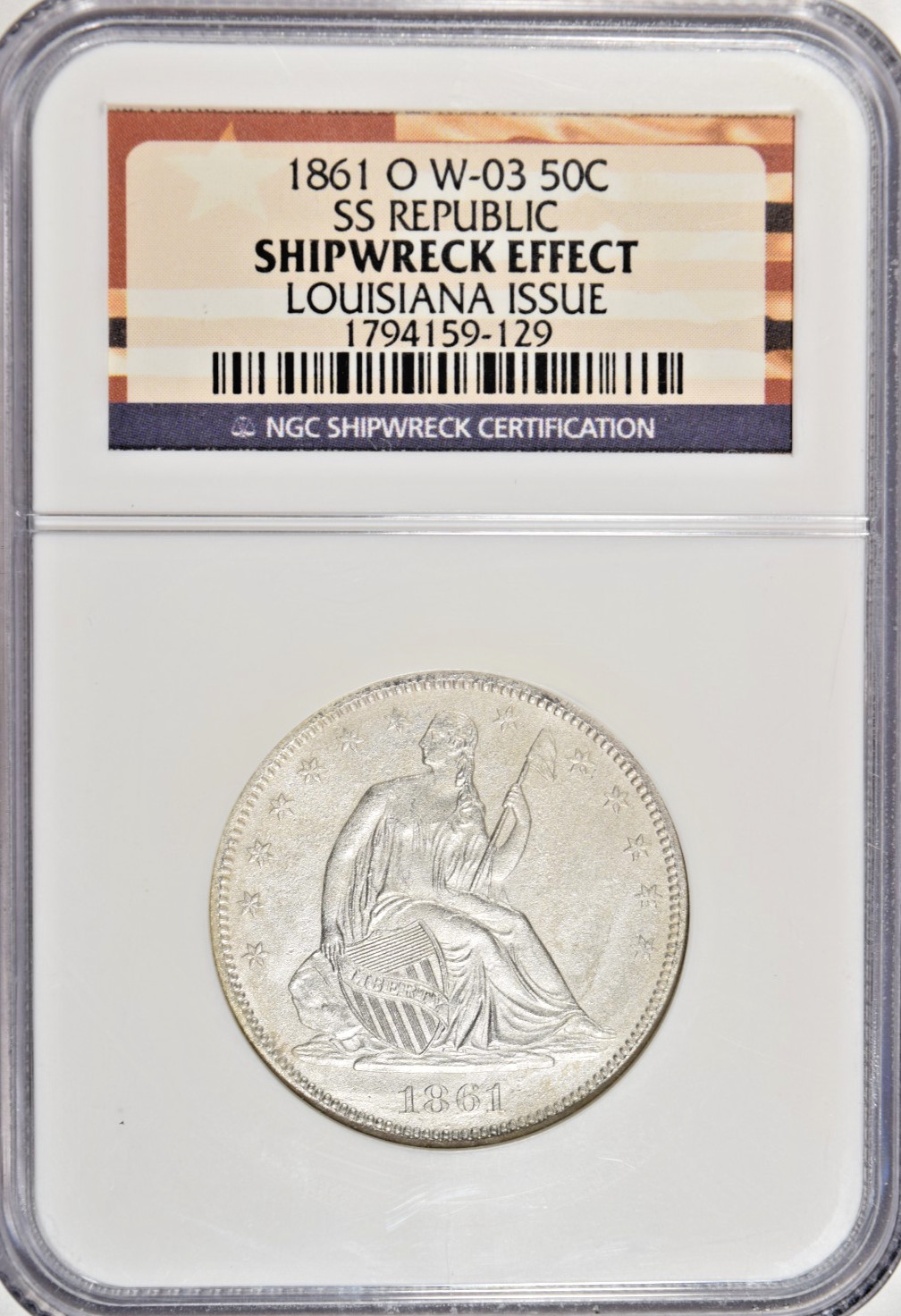 1861-O SEATED HALF DOLLAR SS REPUBLIC LOUISIANA ISSUE NGC SHIPWRECK (UNC. DET.) 1861-O SEATED HALF DOLLAR SS REPUBLIC LOUISIANA ISSUE NGC SHIPWRECK (UNC. DET.)