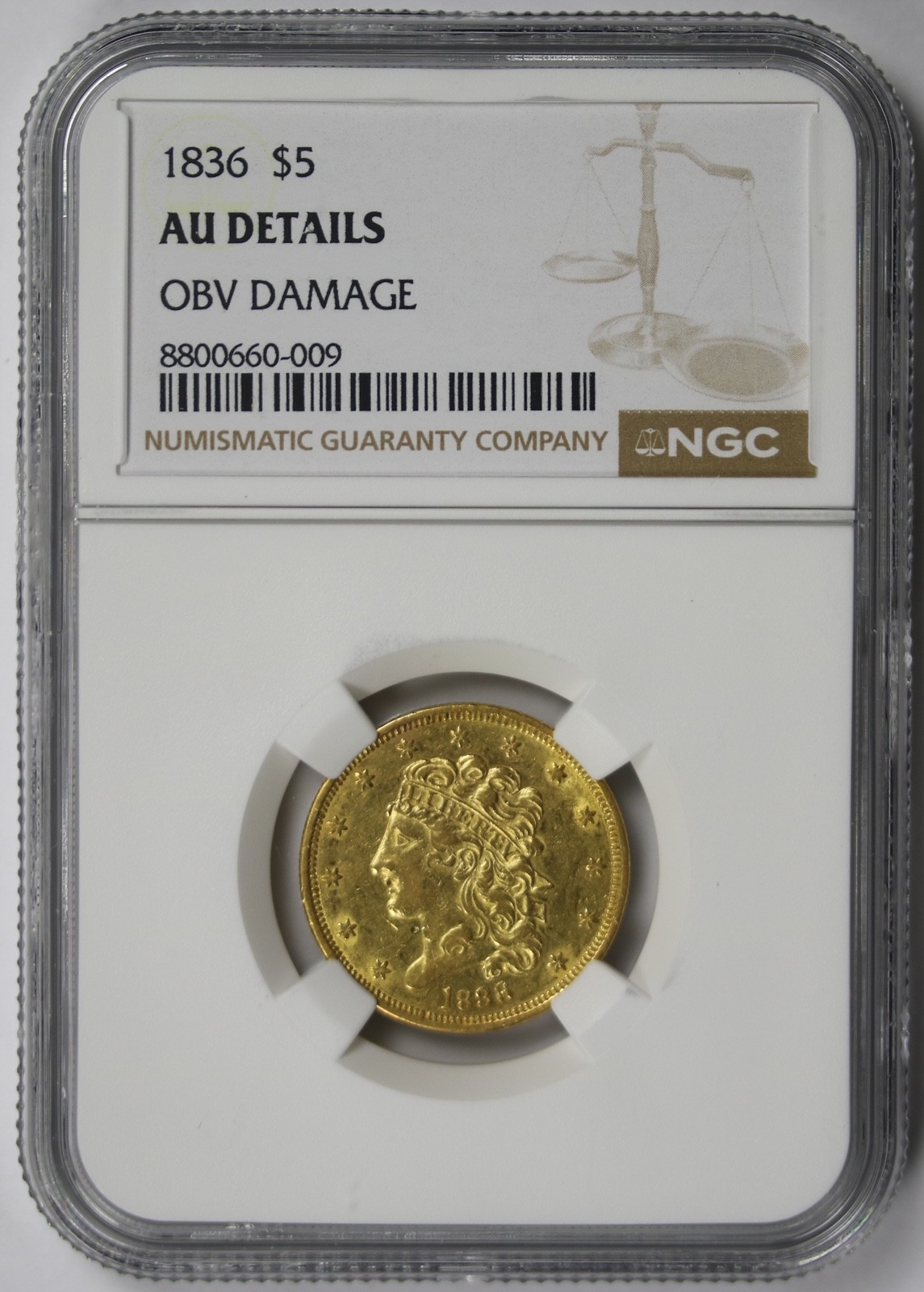 1836 Classic Head Gold $5 Half Eagle NGC AU Details Obv Damage