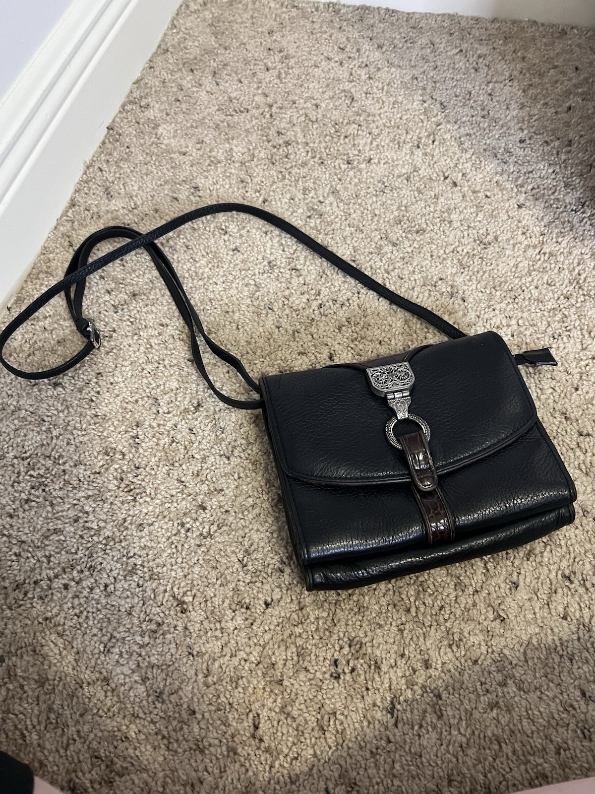 Vintage Brighton Nepal Organizer Crossbody Wallet Black/Brown Pebbled Leather