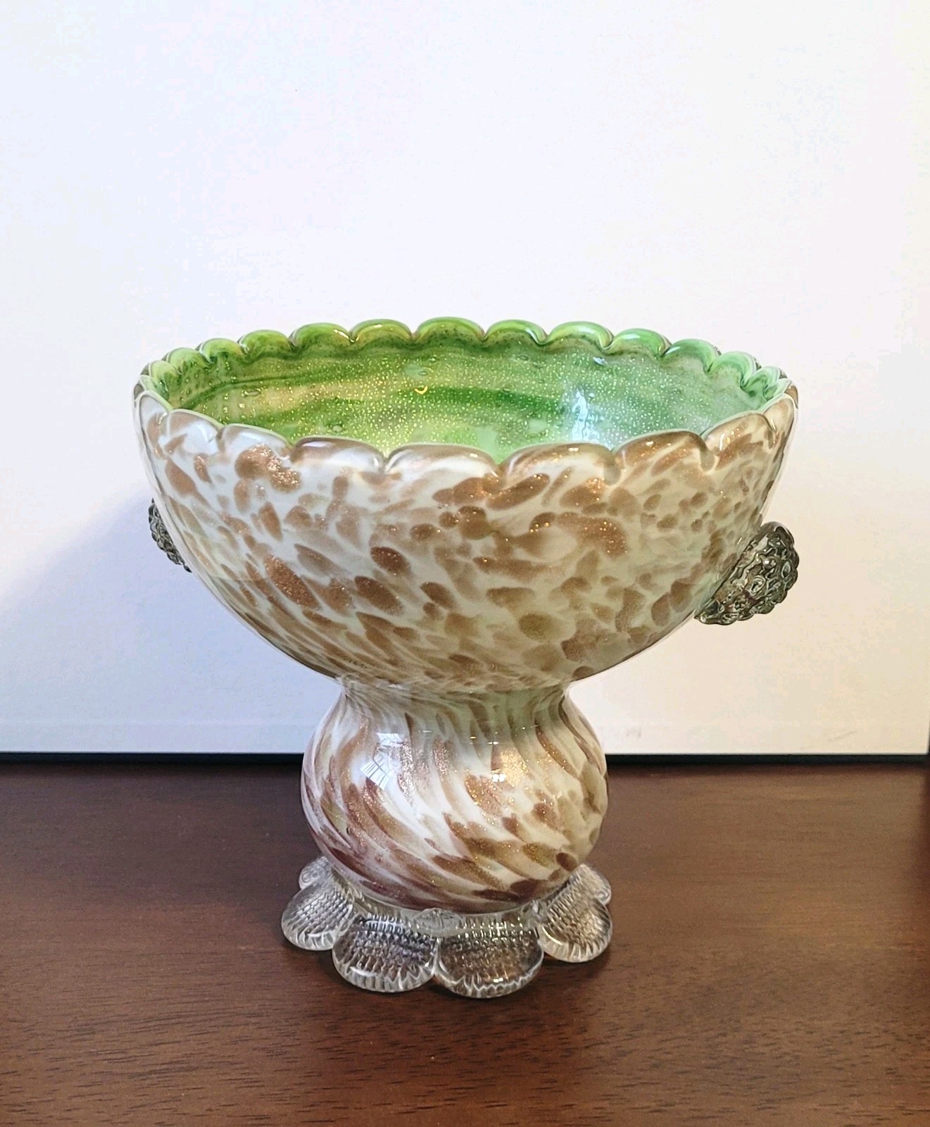 Vintage MCM Murano Venetian Glass Compote Pedestal Bowl -Ft. Copper Aventurine