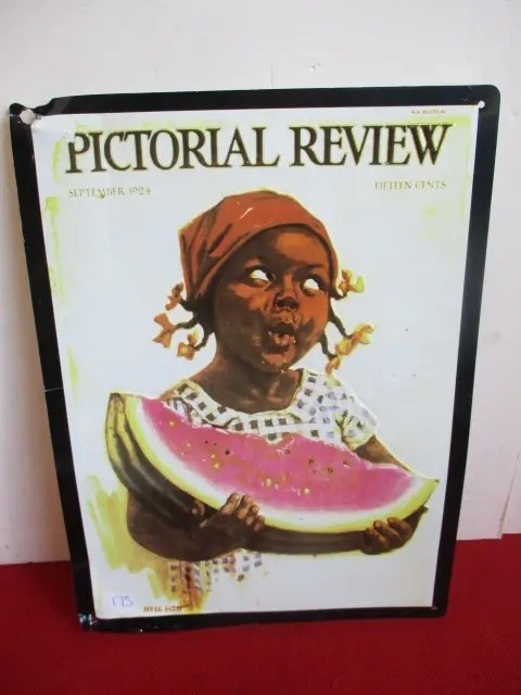 Vintage 1924 Pictorial Review Metal Sign Girl Eating Watermelon Black Americana