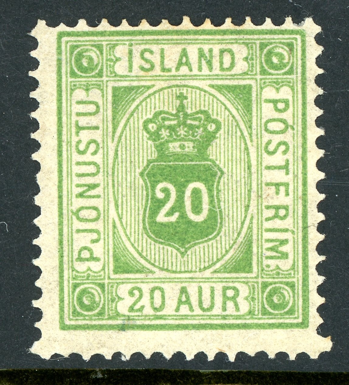 Iceland 1876 Official 20 Aur Yellow Green *Perf 14x13½* Scott #O8 Mint T835