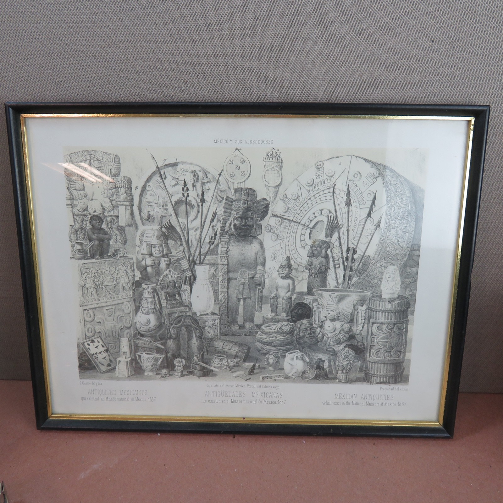 Vintage 1960s Mexican Antiquities Lithograph Print Framed Casimiro Castro 1857 Vintage 1960s Mexican Antiquities Lithograph Print Framed Casimiro Castro 1857