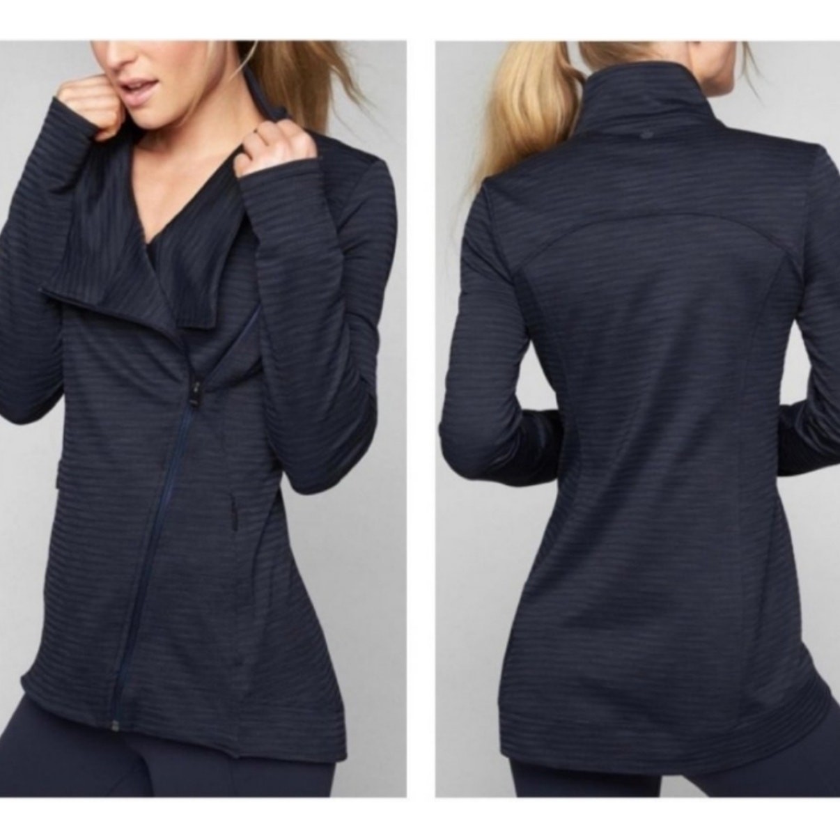 Athleta Jacquard Intention Jacket 2.0 Blue Stripe Size Small Thumbholes Full-Zip