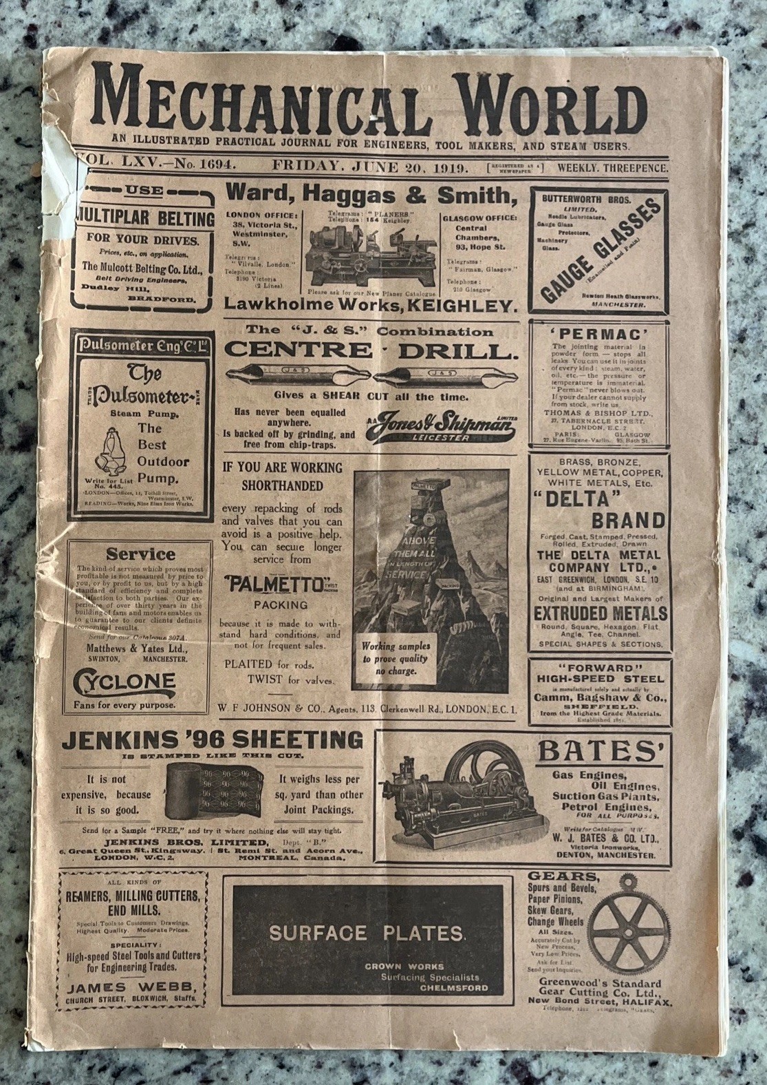 Antique 1919 Engine Inventions Mechanical World Magazine Tools Steam England