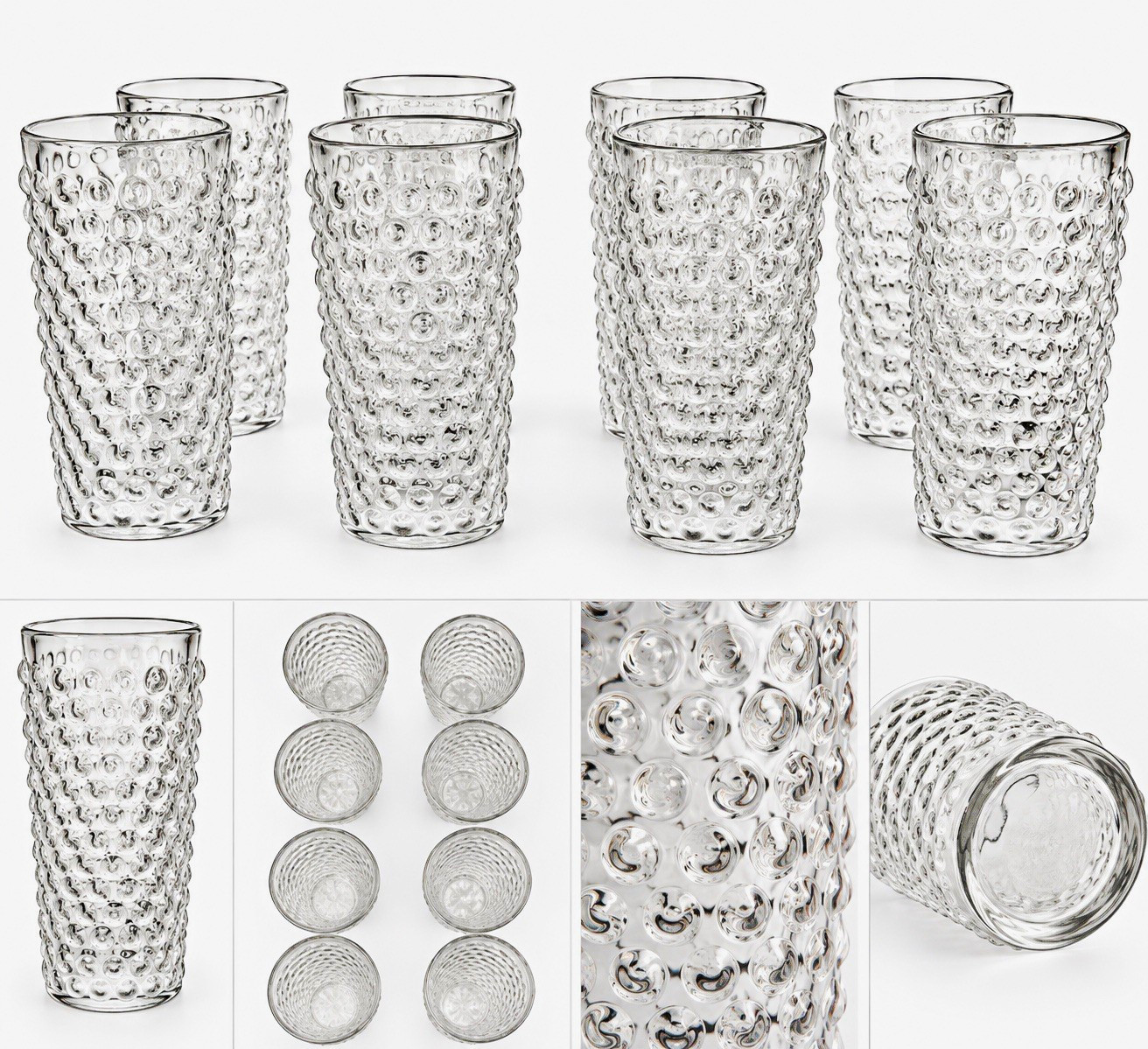 Vintage Clear Bubble Dot Highball Glasses Set of 8 Textured Tumblers 7”
