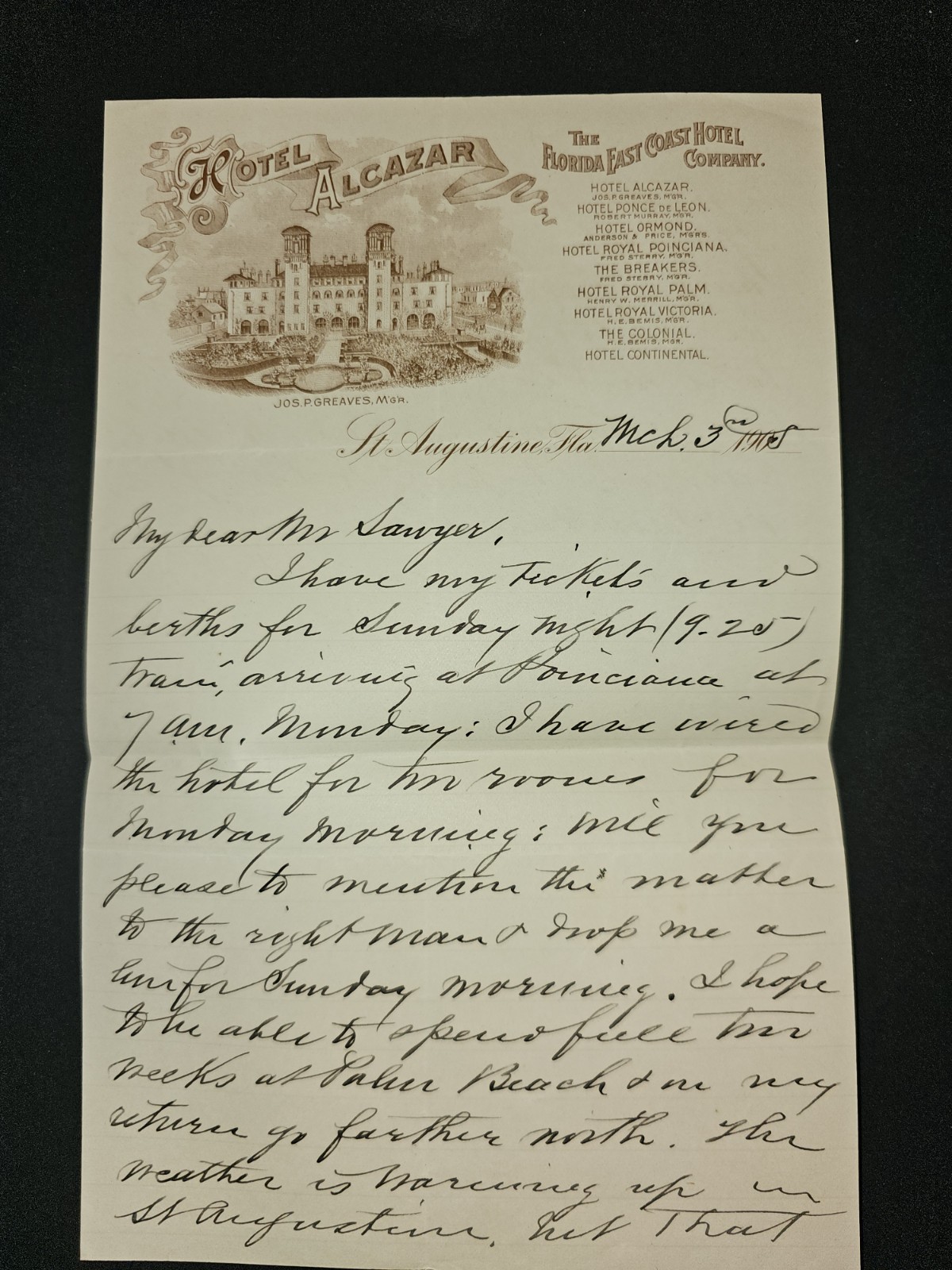 1905 George H. Frost ALS – Hotel Alcazar Florida, Royal Poinciana Travel Letter