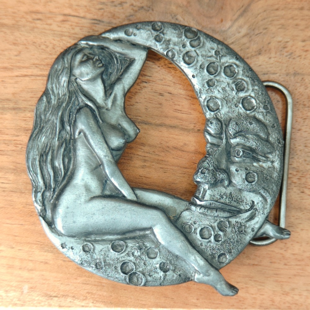 Bergamot Large 1994 Nude Lady Woman Winking Smiley Moon Hippie Belt Buckle
