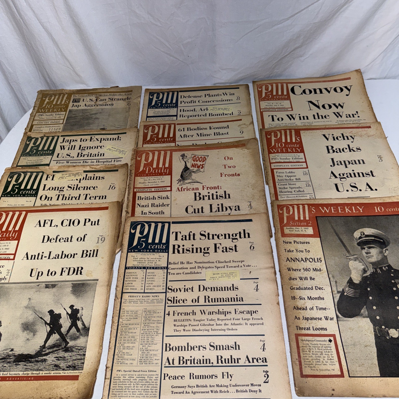 Lot Of 20- PM New York Daily Vtg Newspapers 1940-41 WWII Japan, Britain, FDR
