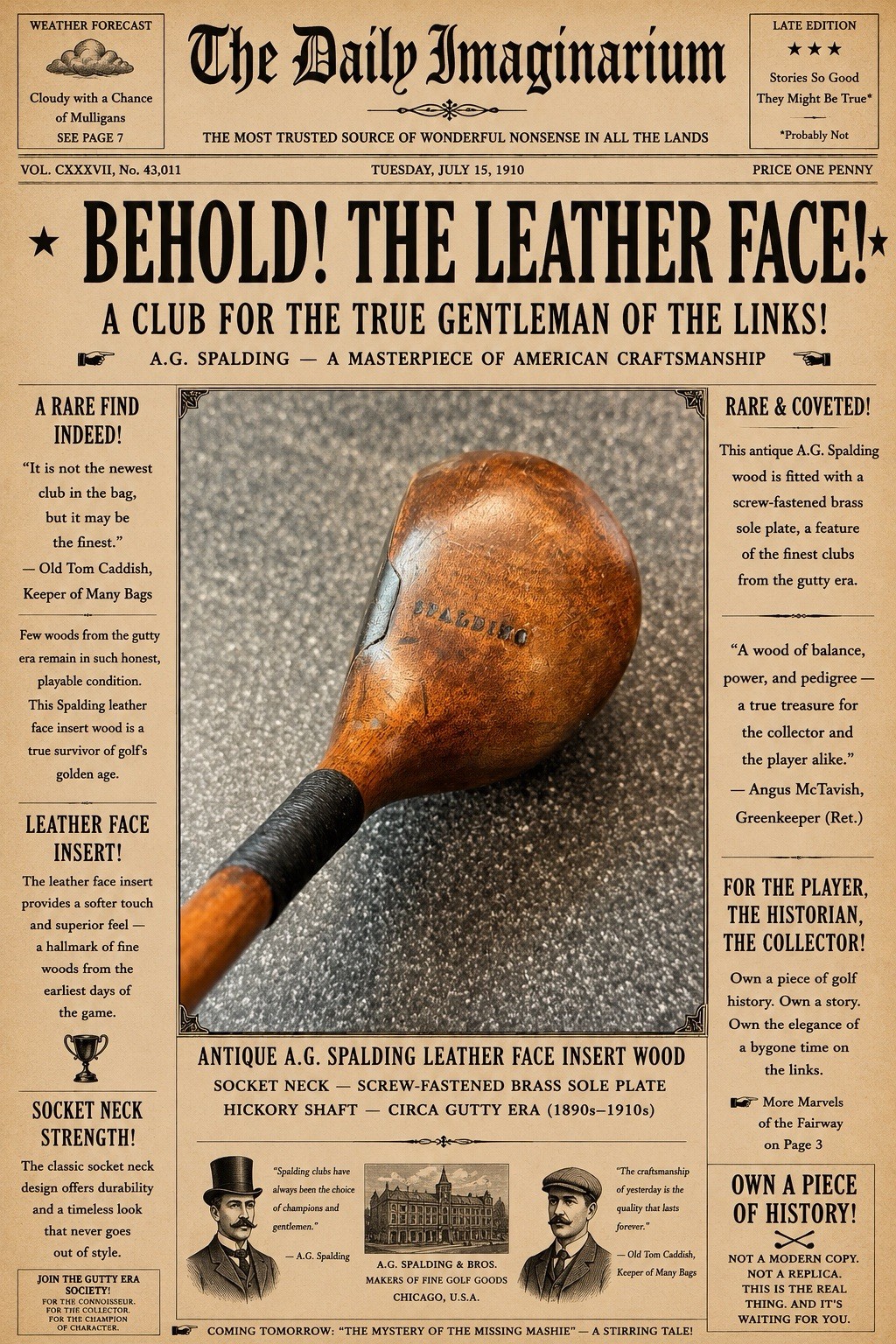 Antique A.G. Spalding Leather Face Insert - Hickory Shaft Brassie - Gutty Era