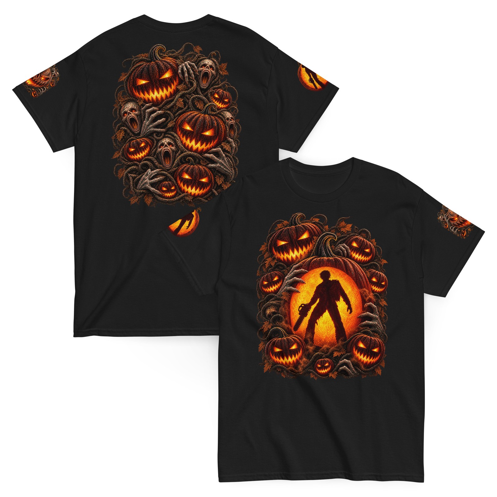 HALLOWEEN EVIL DEAD T-SHIRT Fiery Pumpkins Horror Silhouette 2Sided+Sleeves
