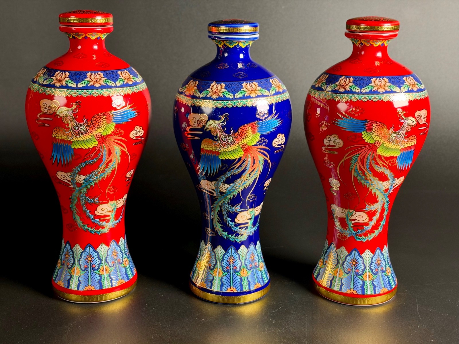 3-Pc Chinese Enameled Porcelain Spirits Bottles Decor Suite-New Condition