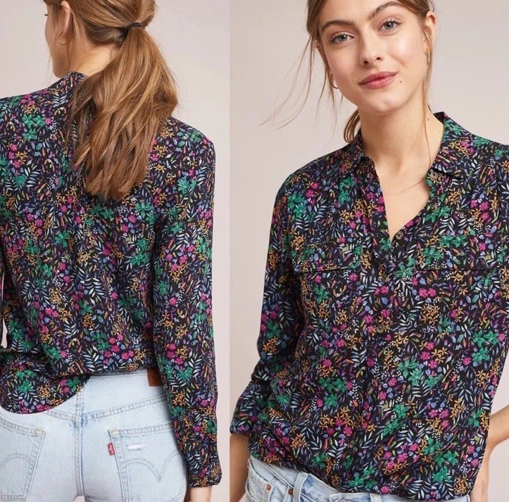 Maeve Anthropologie Amboseli Floral Button Up Blouse Shirt Size 2P Multicolor