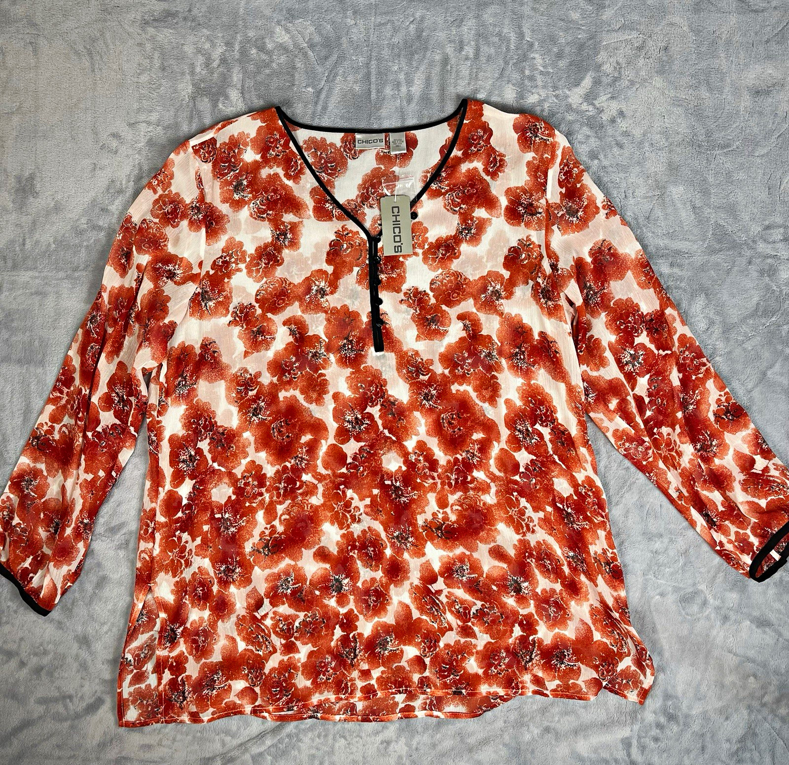 Chico\'s Women Sz 3 Plus White Brown Floral Silk V-Neck 3/4 Sleeve Sheer Blouse