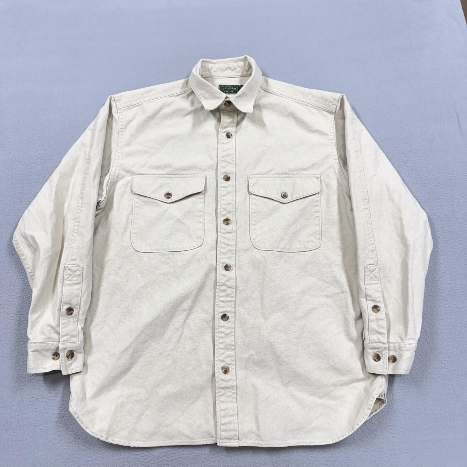 Filson Shirt Mens Large Beige Solid Long Sleeve Button Twill Pockets Casual