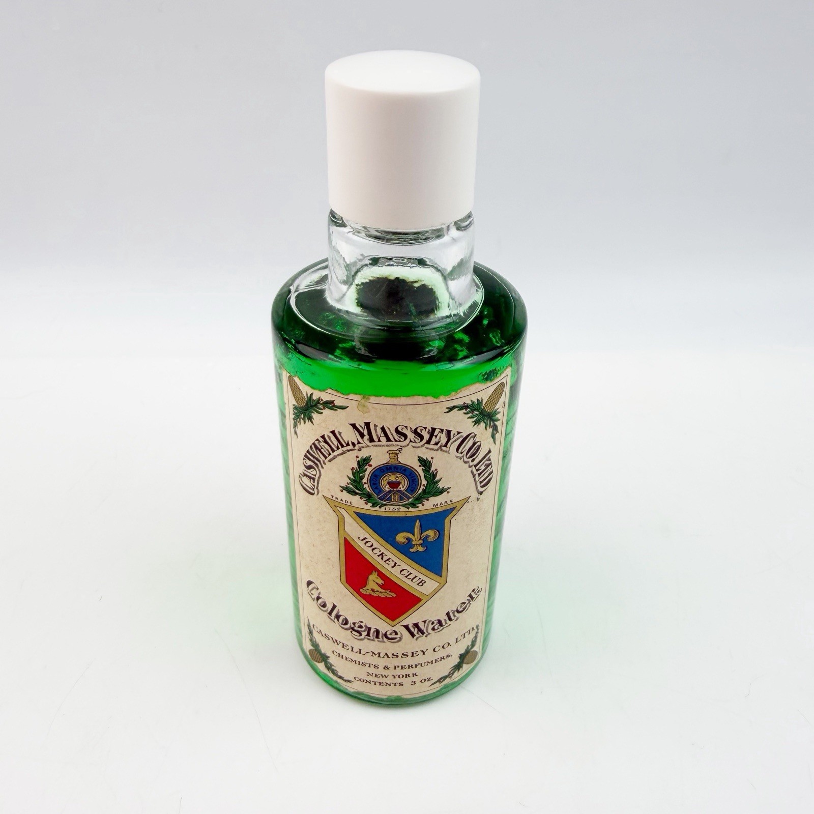 Caswell-Massey Jockey Club Cologne Water 3 oz Vtg 70s Embossed Glass JFK Ivy New
