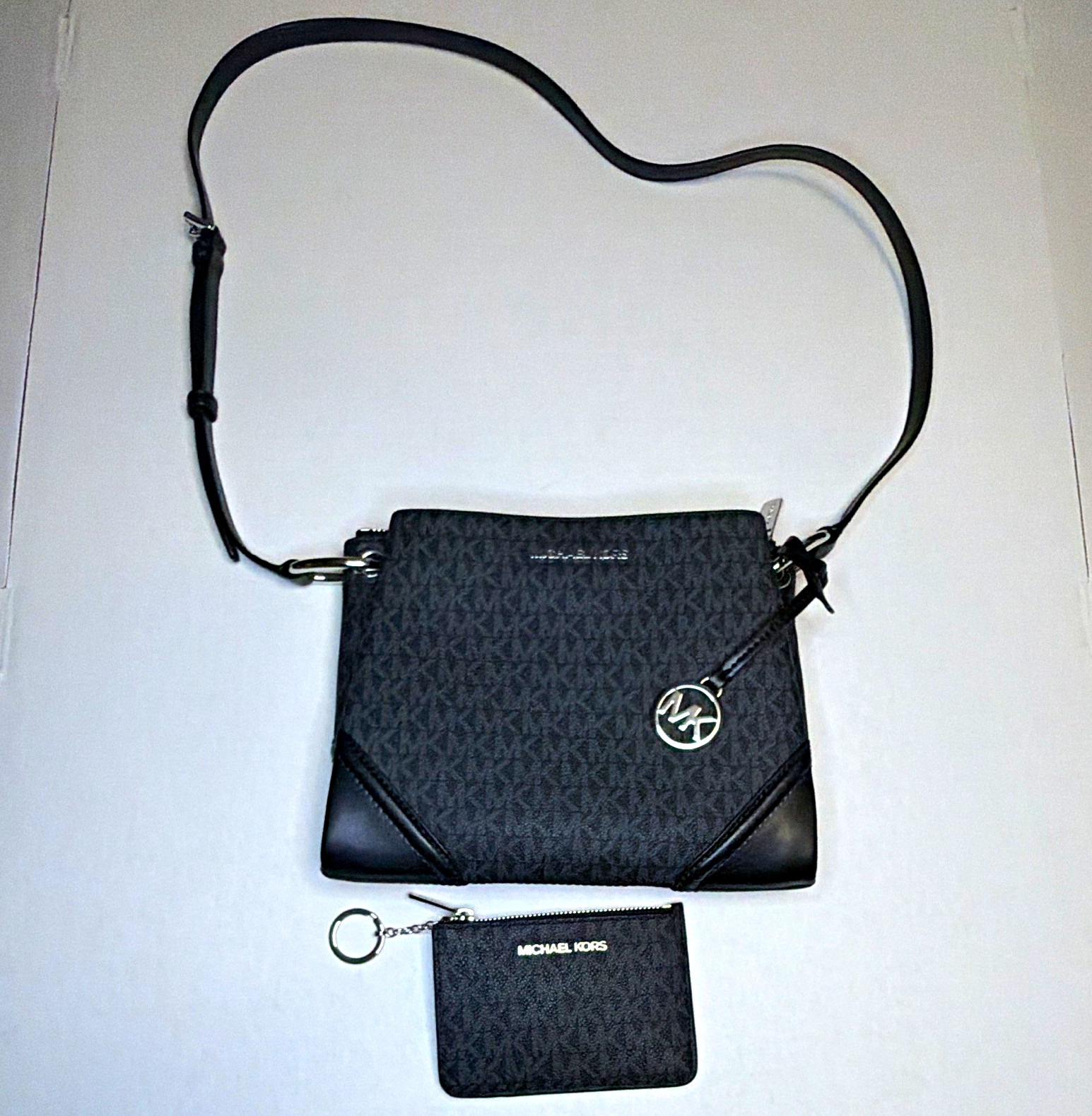 Michael Kors MK Logo Monogram Crossbody Zip Bag w/ Zip Wallet Keychain Black
