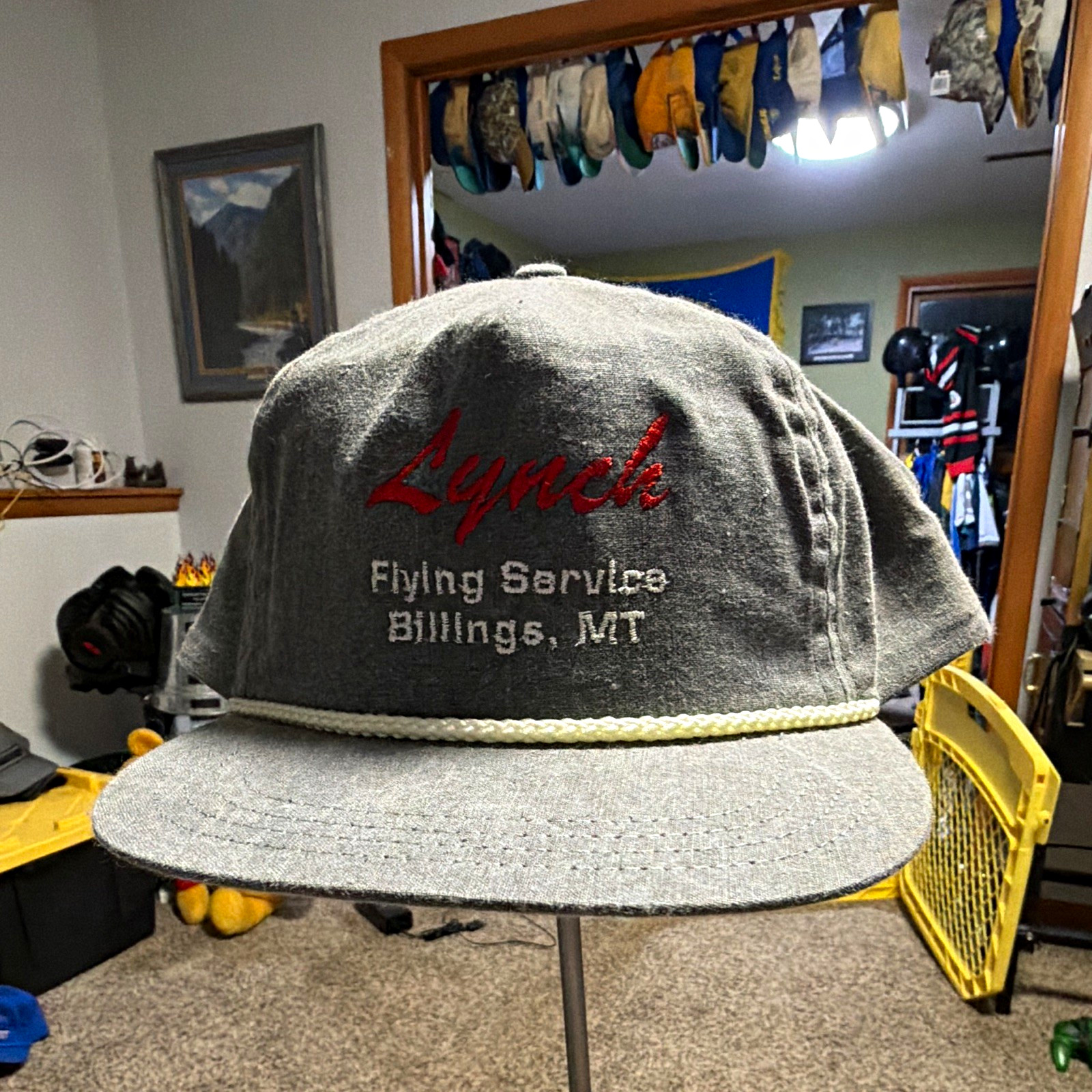 Vintage Lynch Flying Service Billings Montana Gray Adjustable Rope Hat Aviation