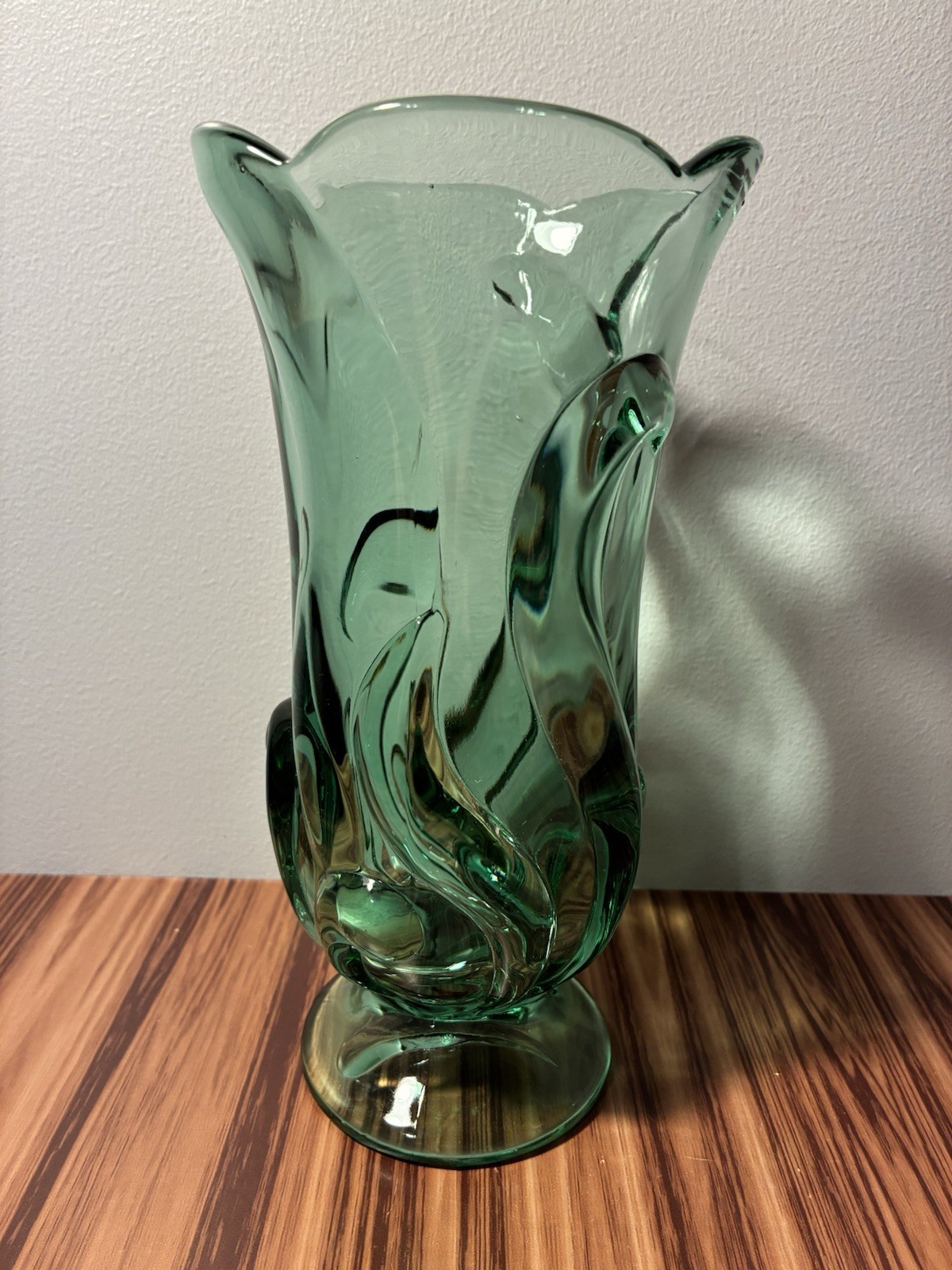 Vintage Fenton Art Glass Sea Mist Green Pedestal Vase Raised Swirl & Wave Design