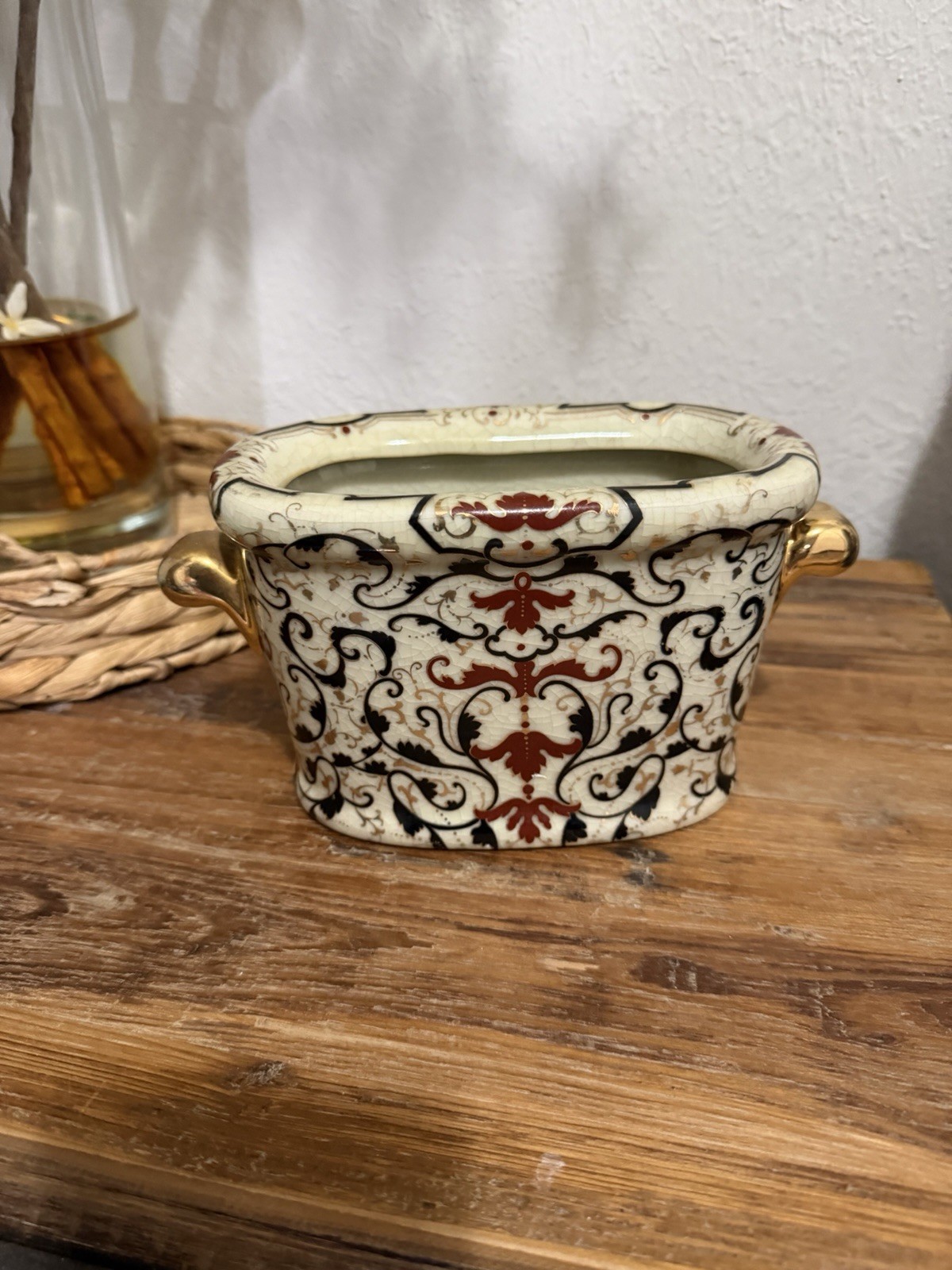 Amita Porcelain Crackle Glaze Gold Black Red & Off White Planter 8\